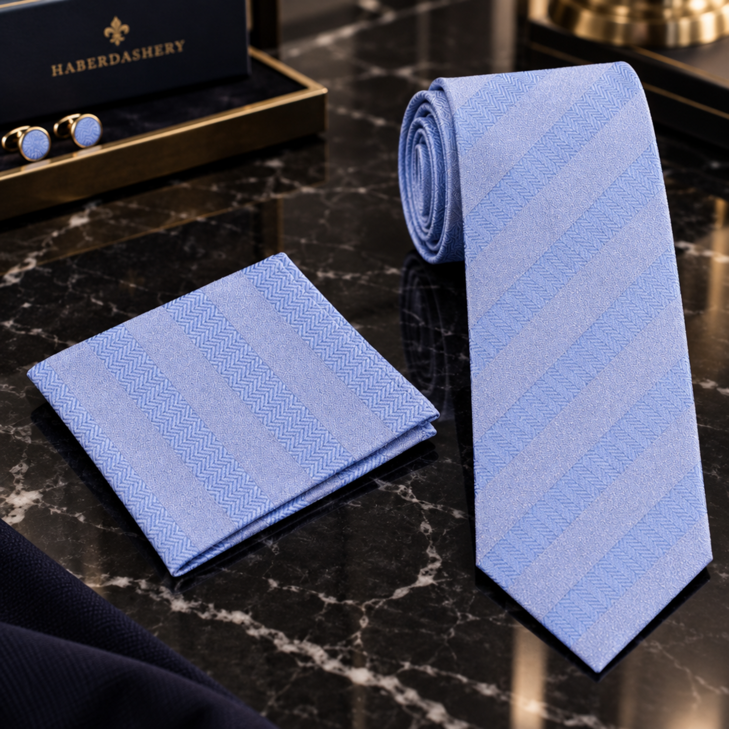 Light Blue Necktie with Tonal Herringbone Stripes Square 