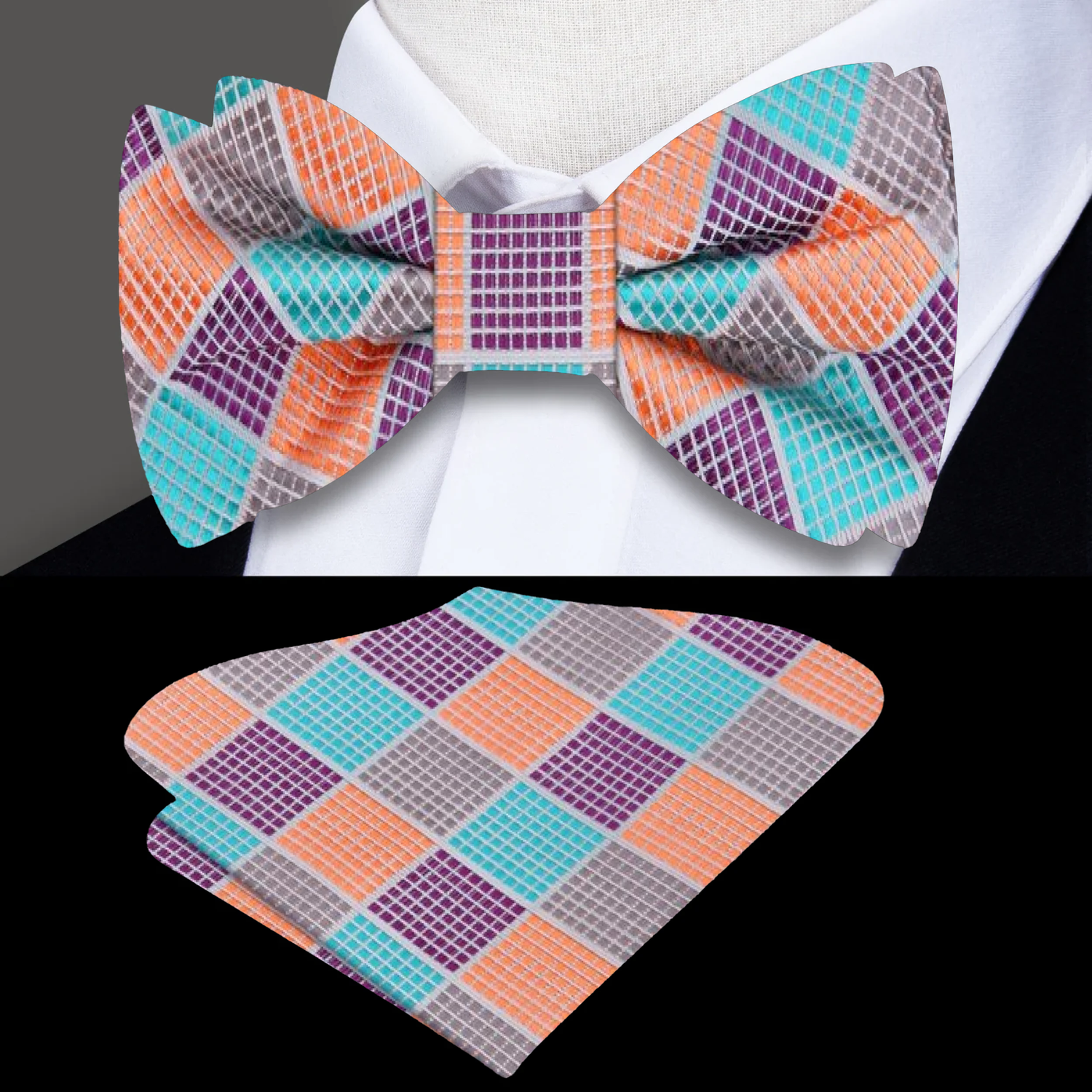 Teal, Orange, Purple Geometric Bow Tie and Pocket Square