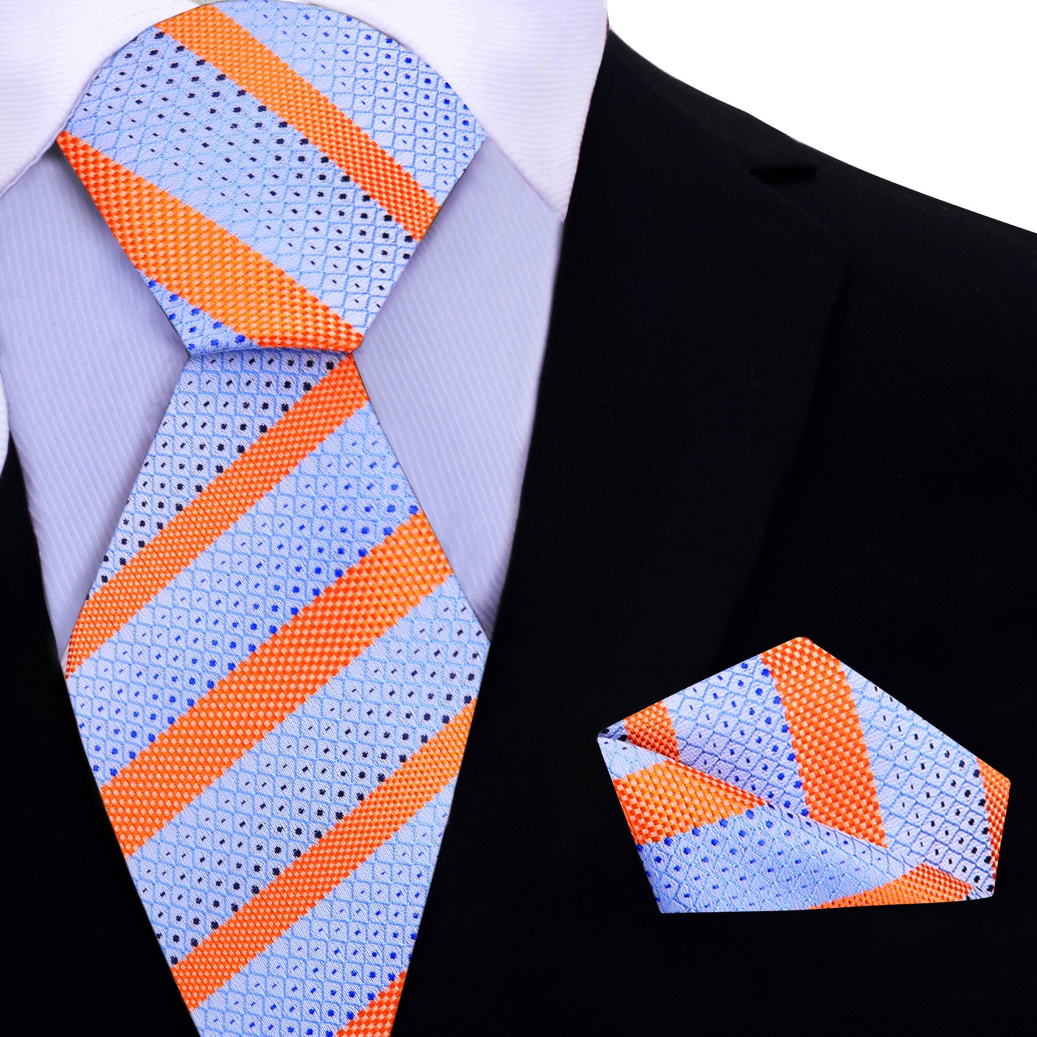 View 1:  Light Blue, Orange Stripe Tie and Matching Pocket Square