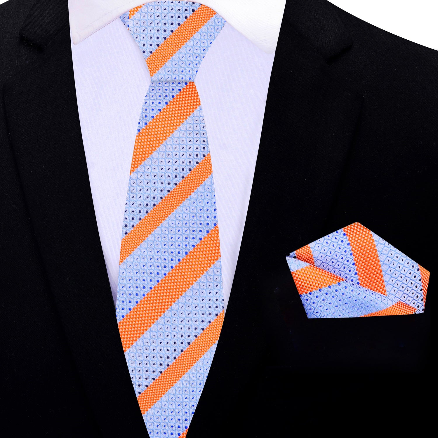 Thin Tie:  Light Blue, Orange Stripe Tie and Matching Pocket Square