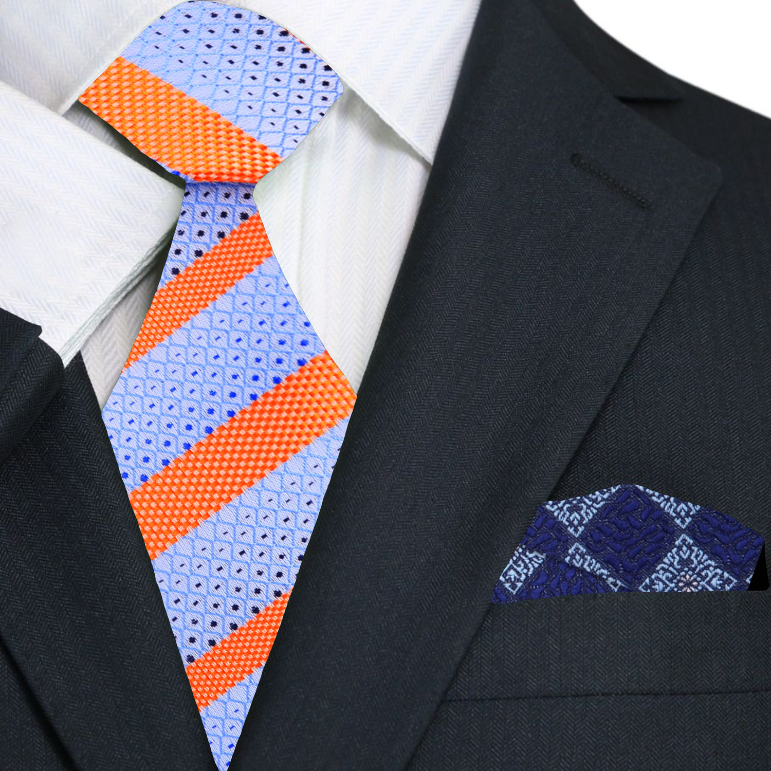 Premium Light Blue, Orange Stripe Tie and Accenting Blue Geometric Pocket Square