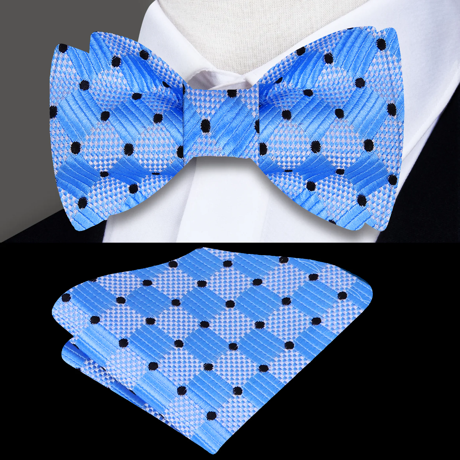 A Light Blue, Dark Blue Geometric Dots Pattern Silk Self Tie Bow Tie, Matching Pocket Square||Light Blue, Black