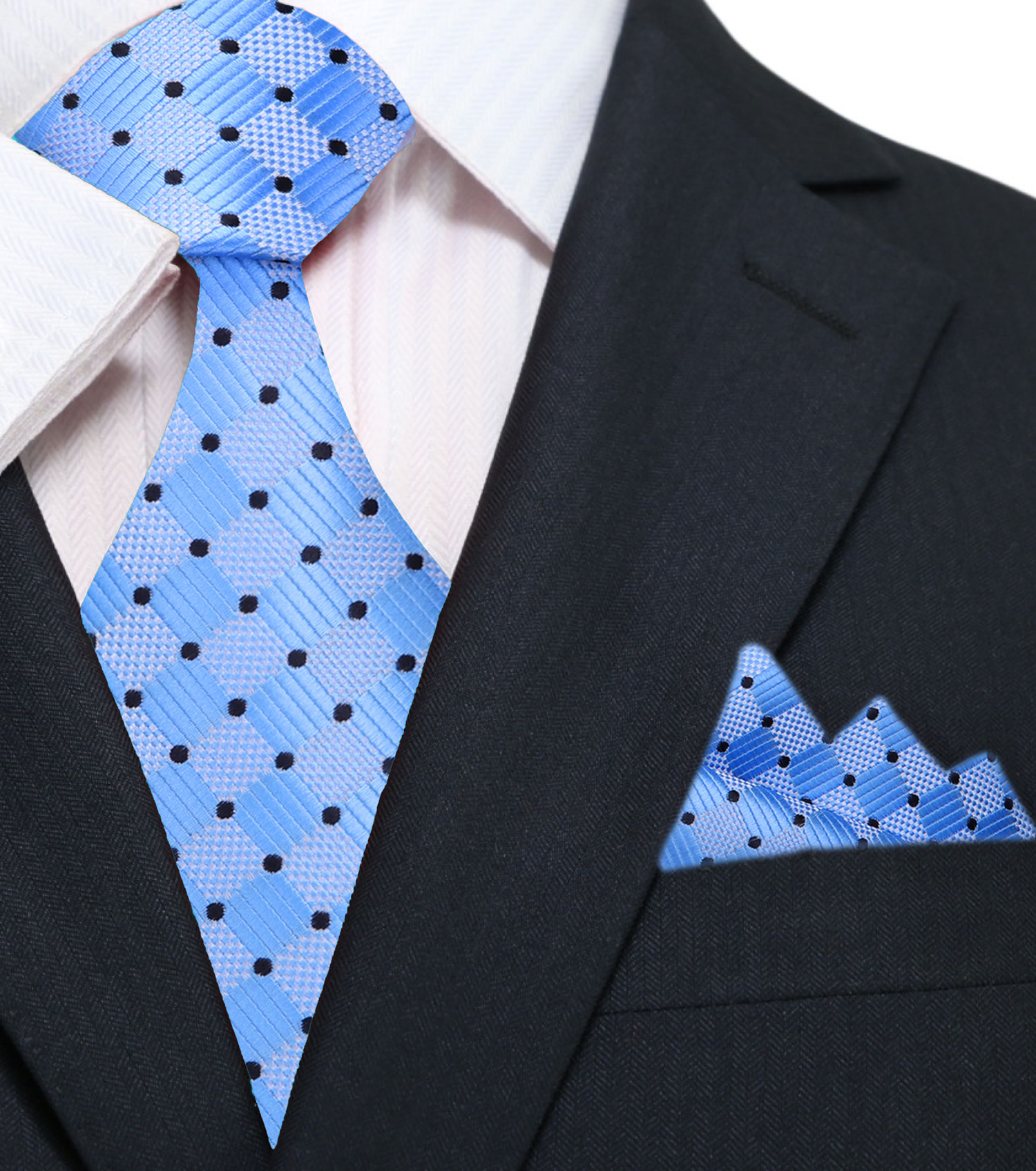 Main View: A Light Blue Geometric With Small Dots Pattern Silk Necktie With Matching Pocket Square||Light Blue, Black