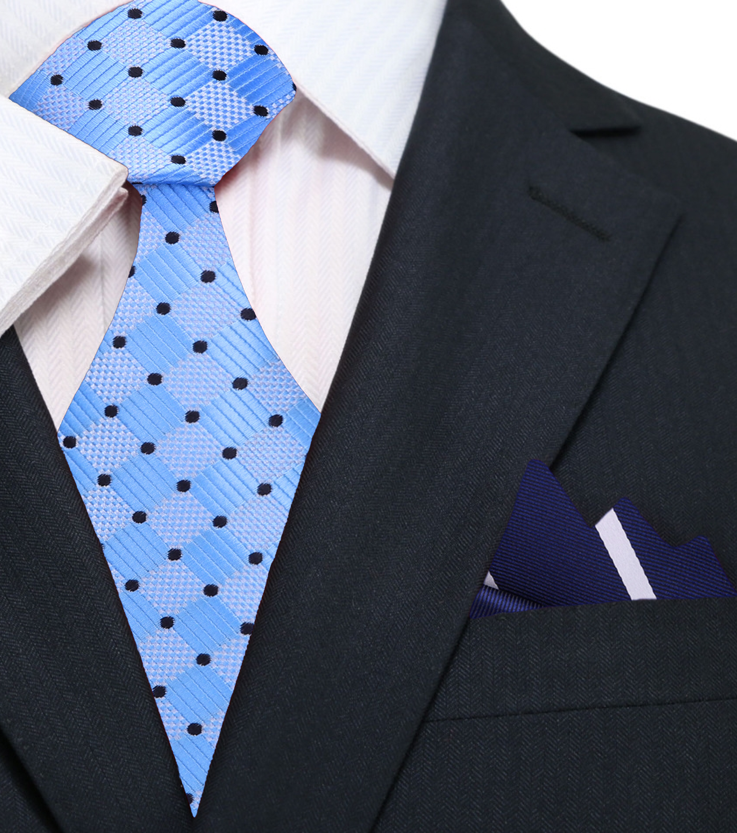 Blue, Black Geometric Necktie with Blue, White Stripe Square