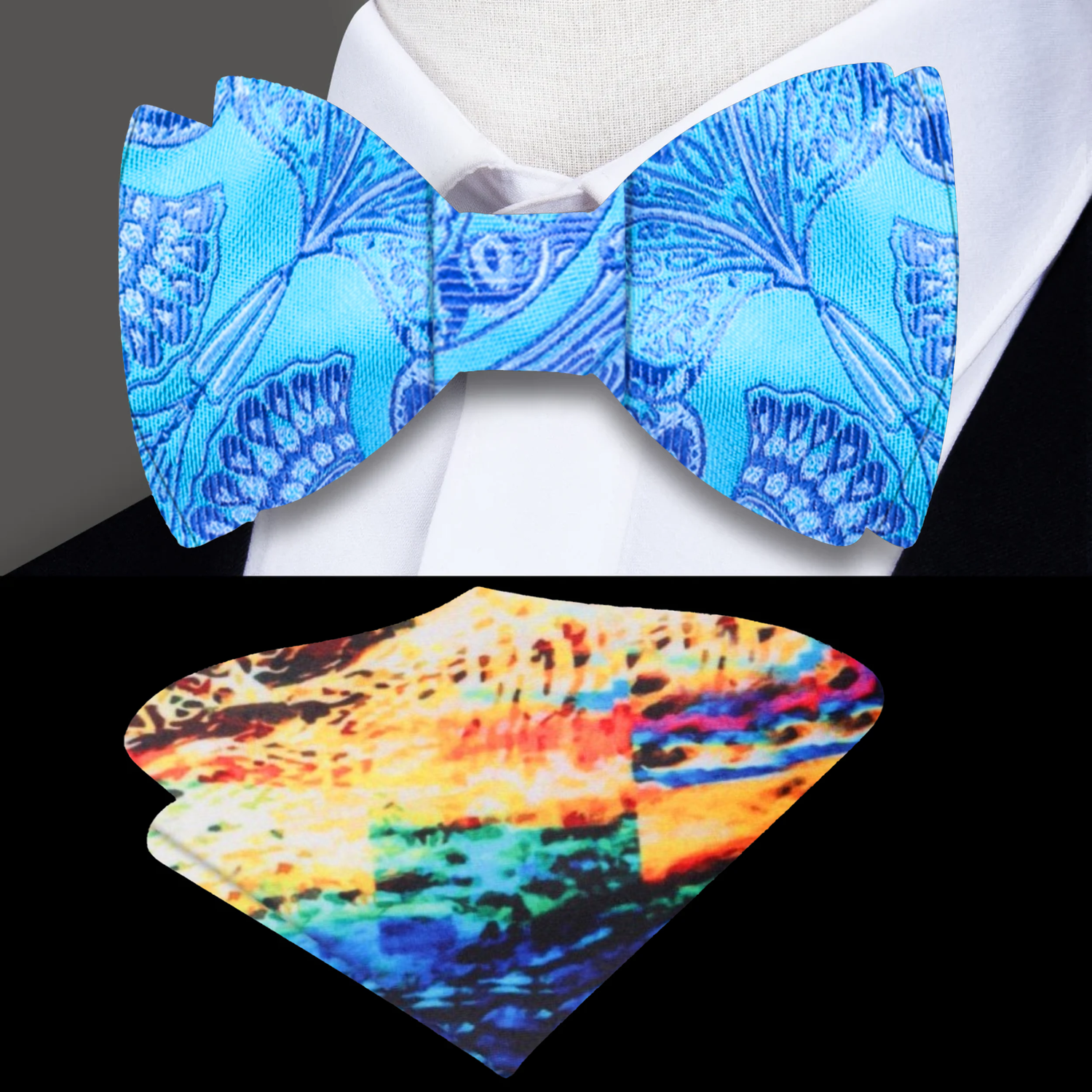 Light Blue Paisley Bow Tie and Accenting Pocket Square