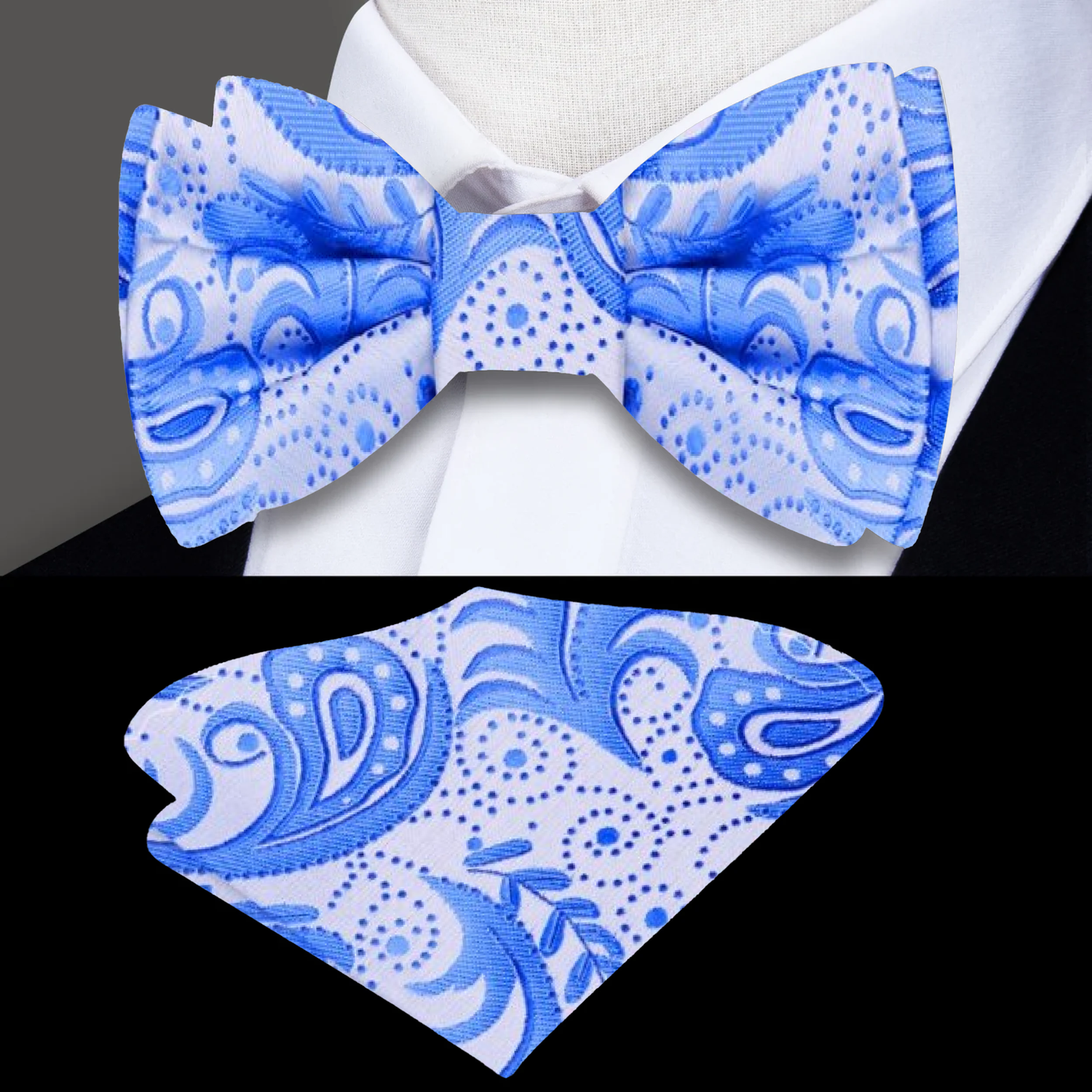 A Light Blue Paisley Pattern Silk Self Tie Bow Tie, Matching Pocket Square||Blue