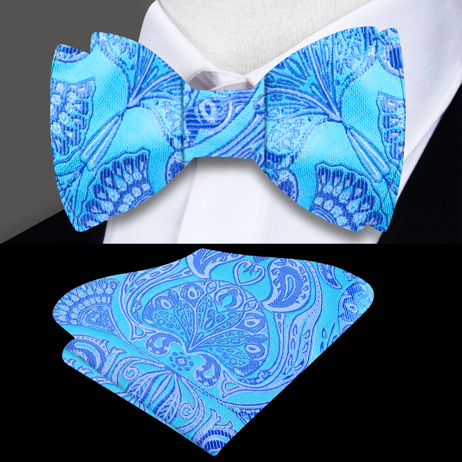 Light Blue Paisley Bow Tie and Pocket Square