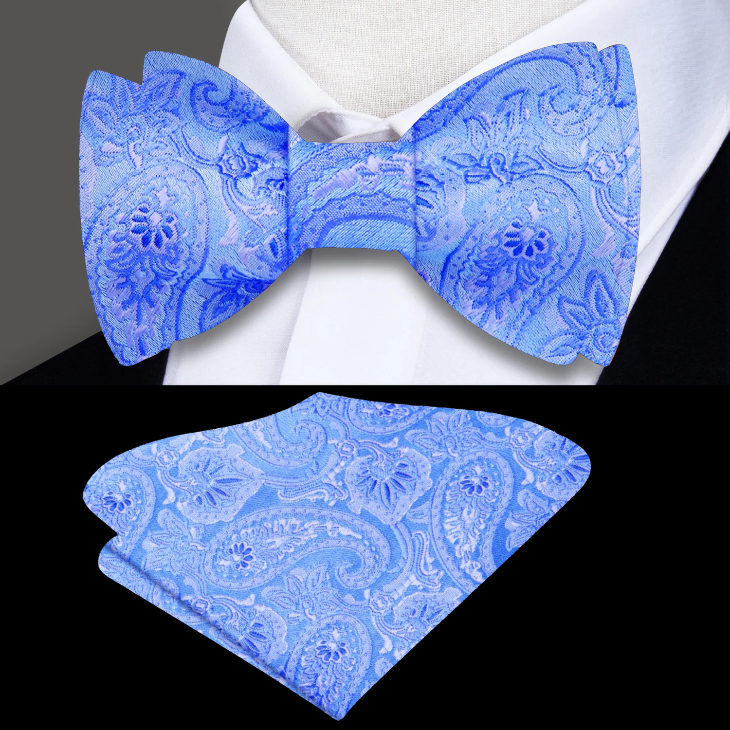 A Light Blue Paisley Pattern Silk Self Tie Bow Tie, Matching Pocket Square