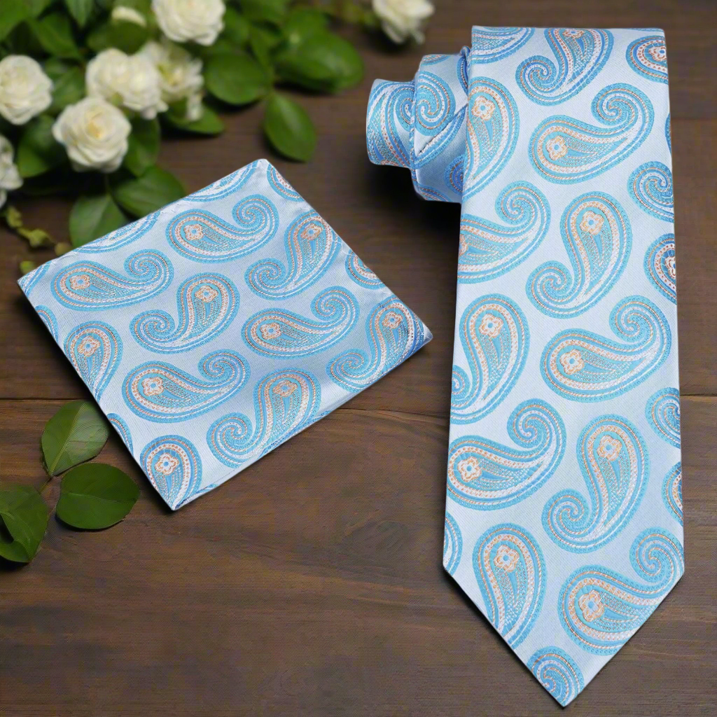Alt Aqua Paisley Necktie and Matching Square