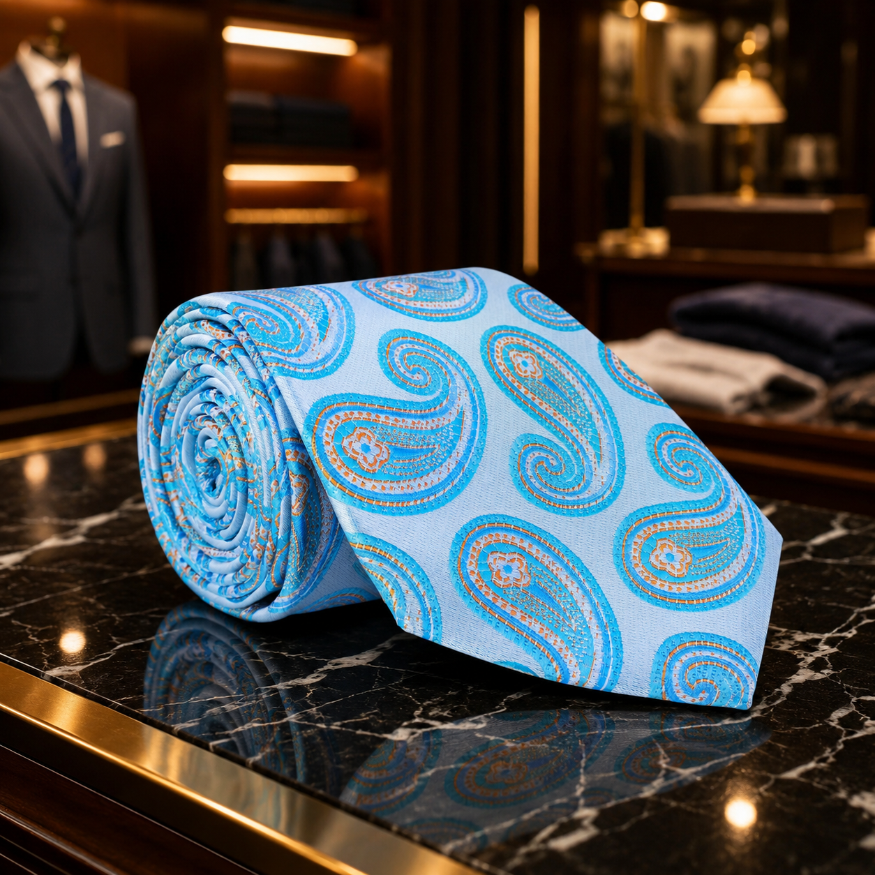 A rolled light blue necktie with a vibrant paisley pattern in shades of blue, orange, and white, displayed on a black marble countertop inside a luxury clothing boutique.