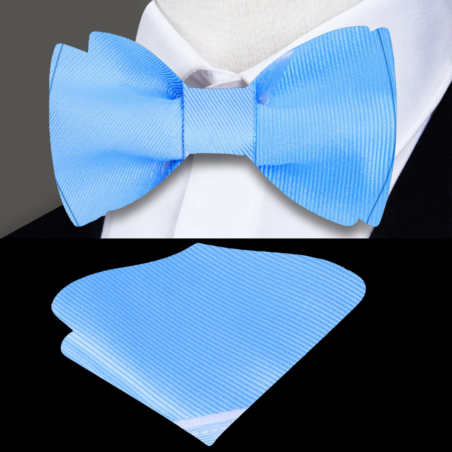 A Light Blue, White Vertical Lined Pattern Silk Self Tie Bow Tie, Matching Pocket Square