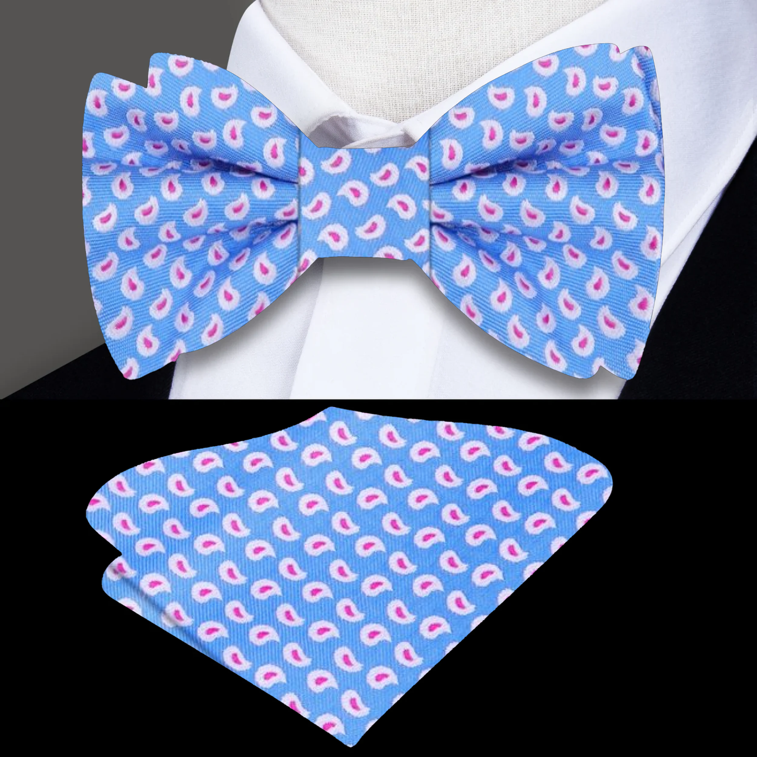 Light Blue, Pink, White Paisley Bow Tie And Pocket Square||Blue