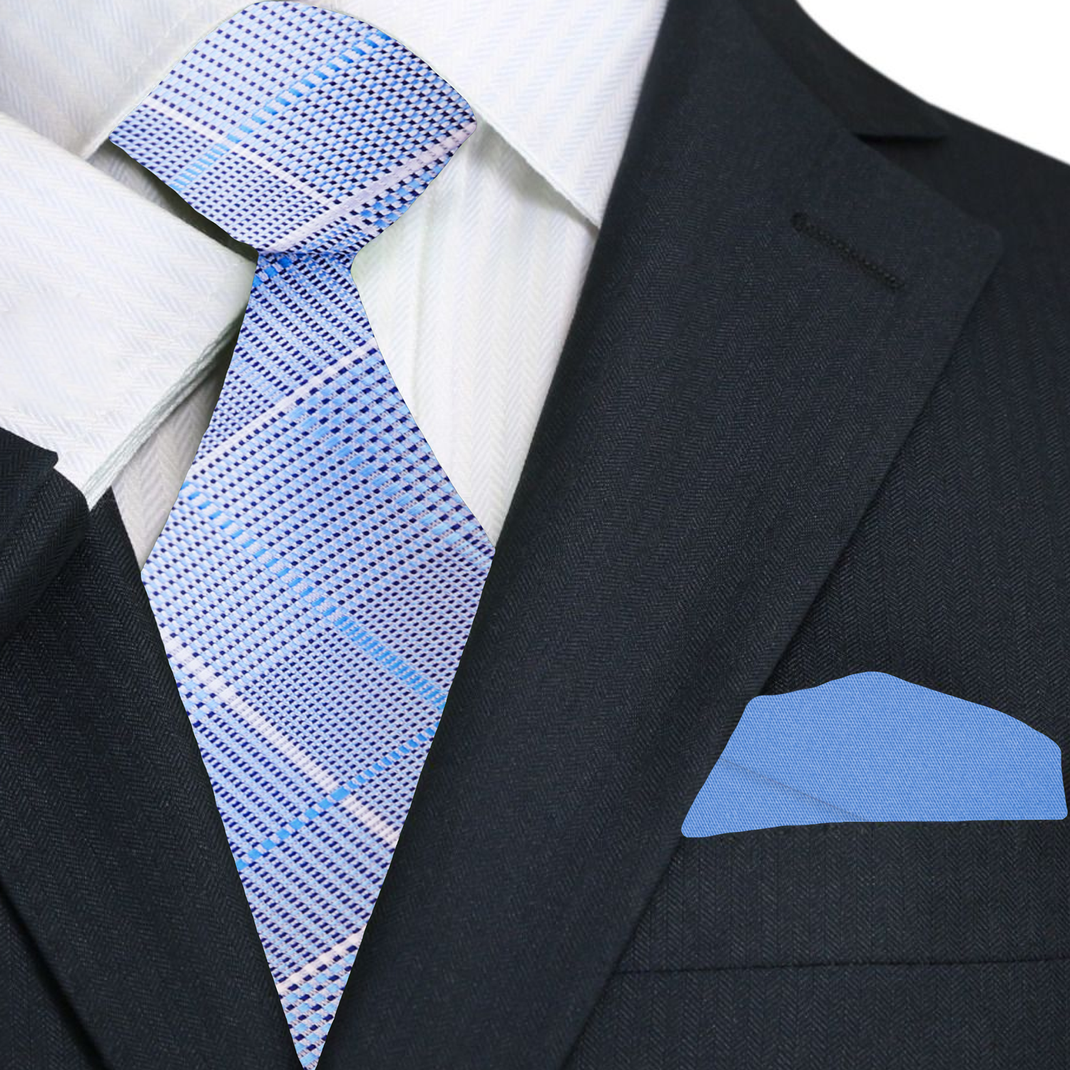 Premium Light Blue, White Plaid Tie and Light Blue Square