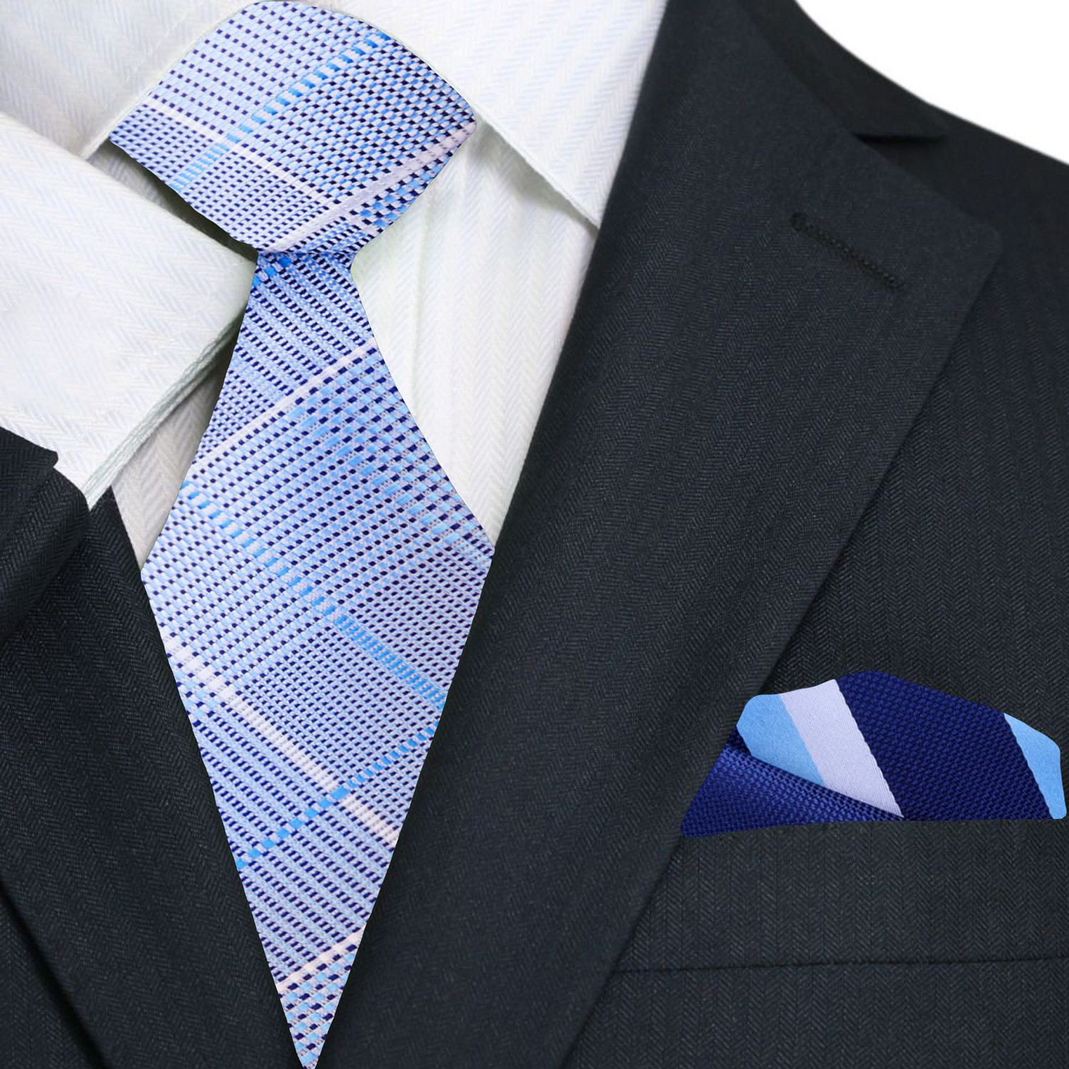 Premium Light Blue, White Plaid Tie and Dark Blue, Light Blue and White Stripe Square