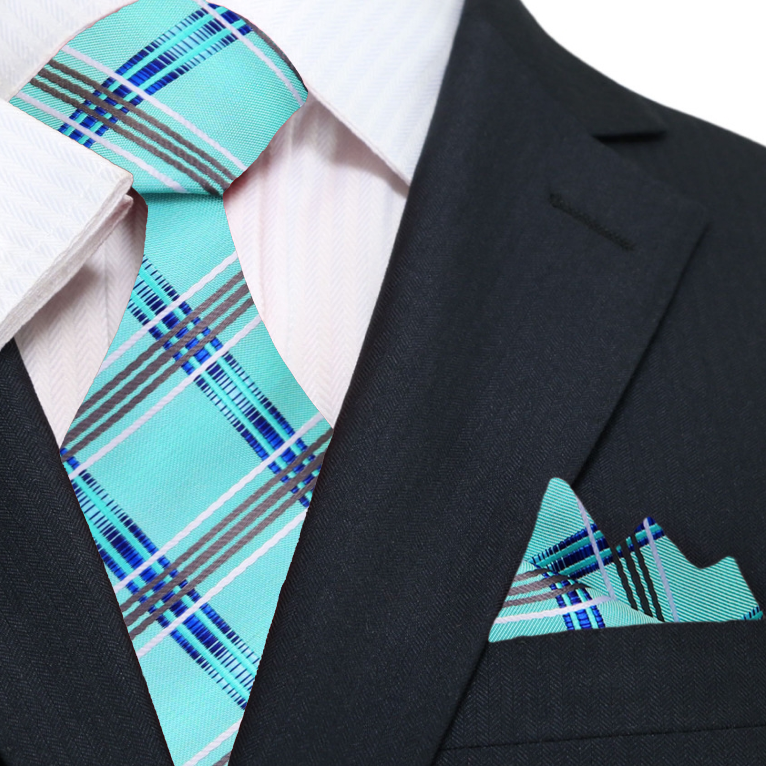 Main: Light Blue Plaid Tie and Matching Square