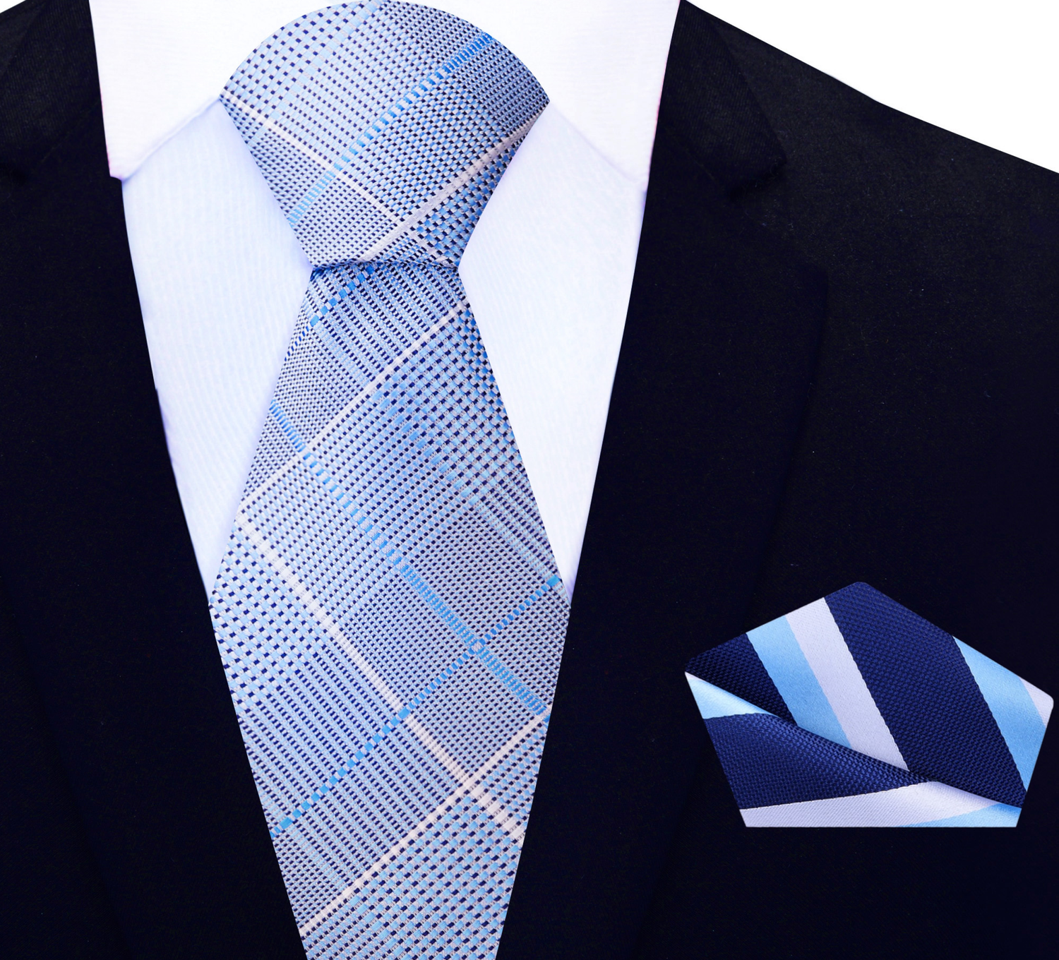 Light Blue, White Plaid Tie and Dark Blue, Light Blue and White Stripe Square