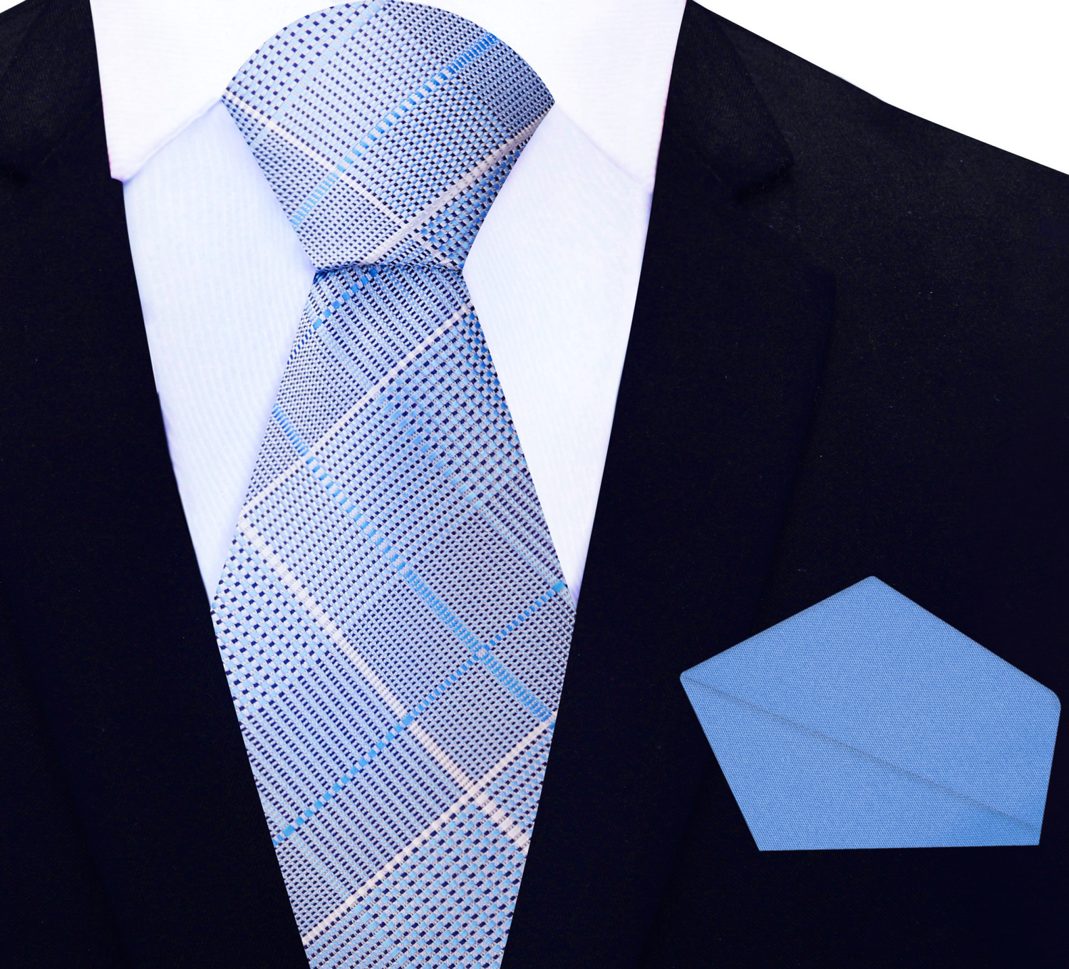Light Blue, White Plaid Tie and Light Blue Square