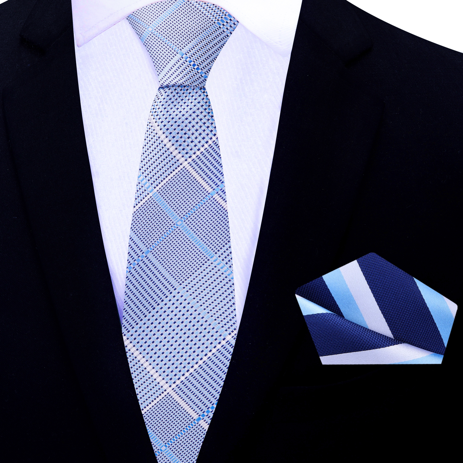 Thin Tie: Light Blue, White Plaid Tie and Dark Blue, Light Blue and White Stripe Square