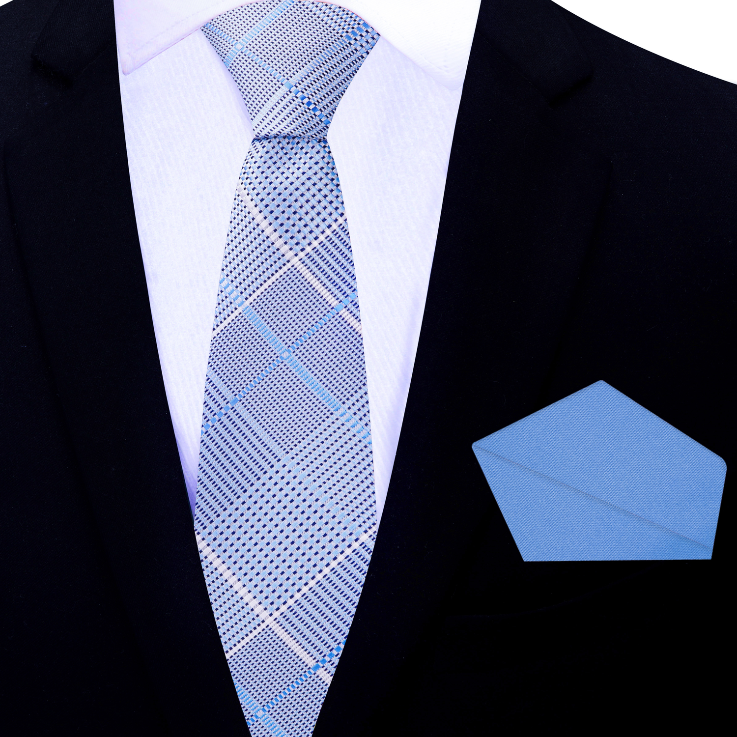Thin Tie: Light Blue, White Plaid Tie and Light Blue Square