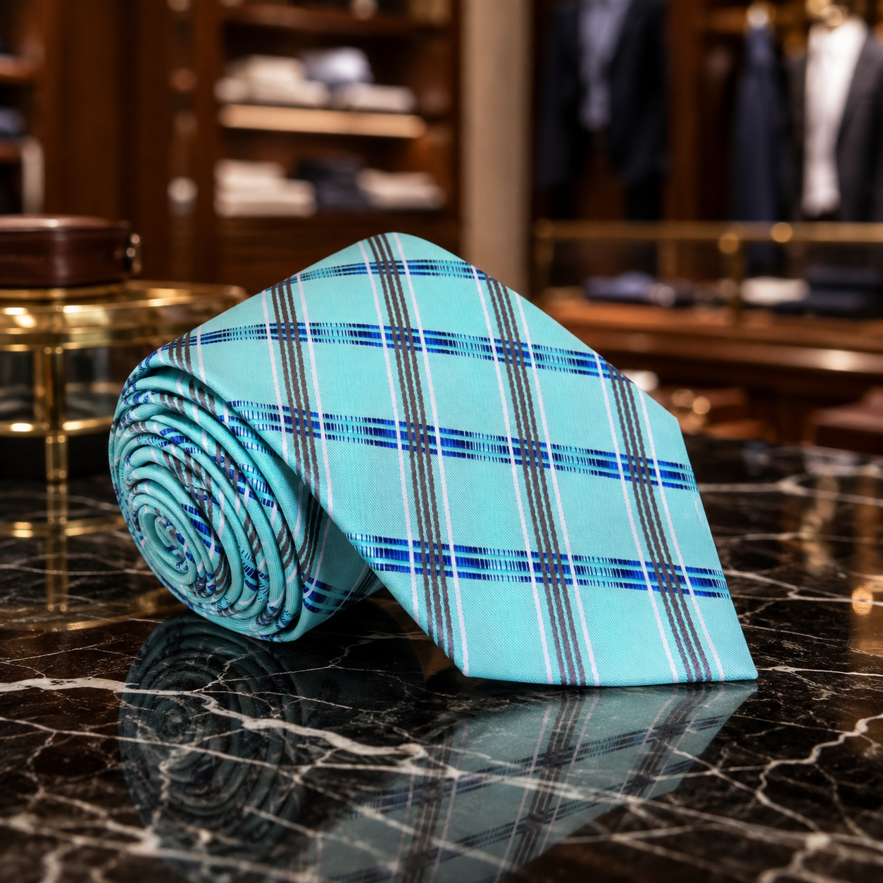 A rolled light blue plaid necktie with blue and gray stripes, displayed on a polished black marble surface with a blurred luxury clothing store background.