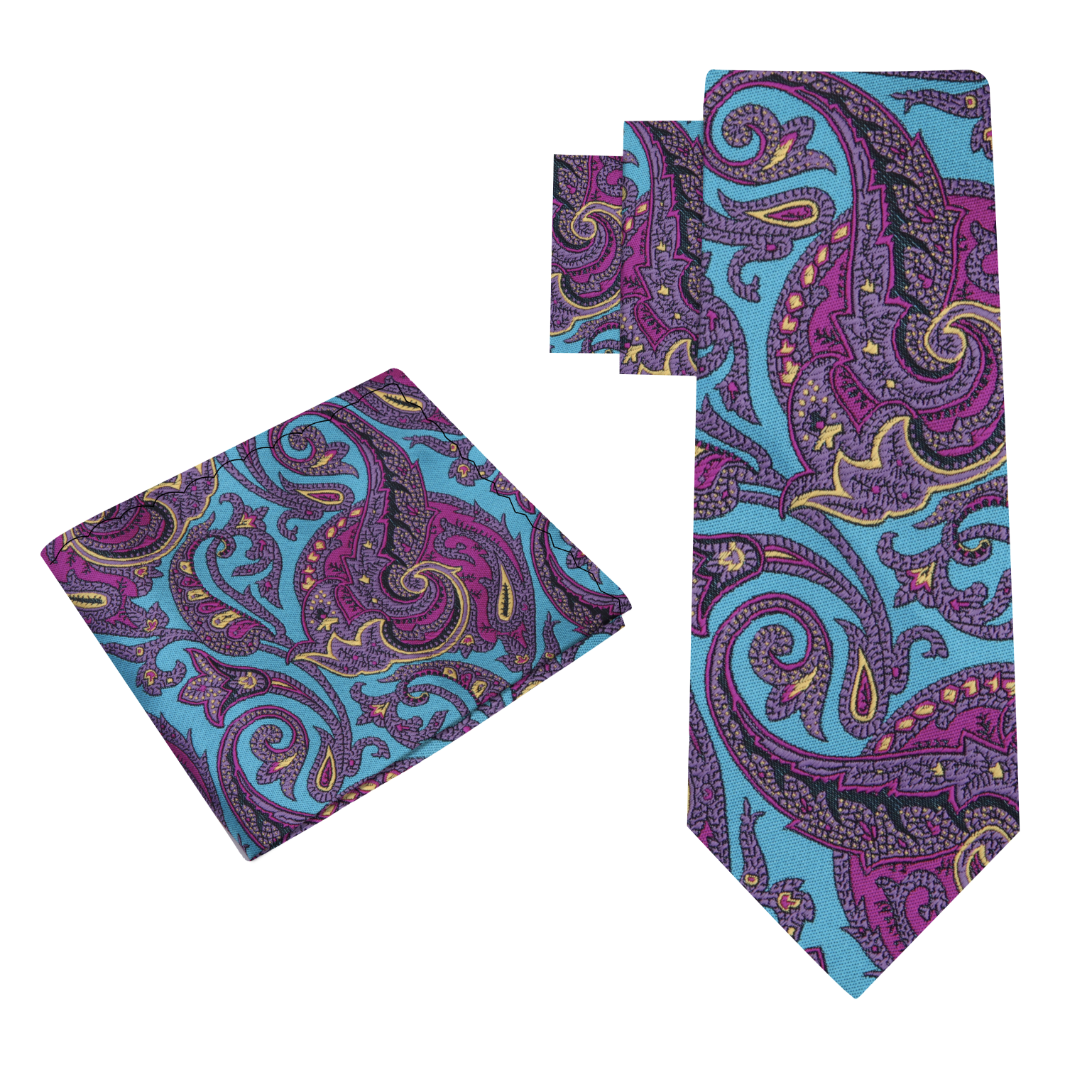 View 2 A Teal, Purple Intricate Paisley Pattern Necktie, Matching Pocket Square