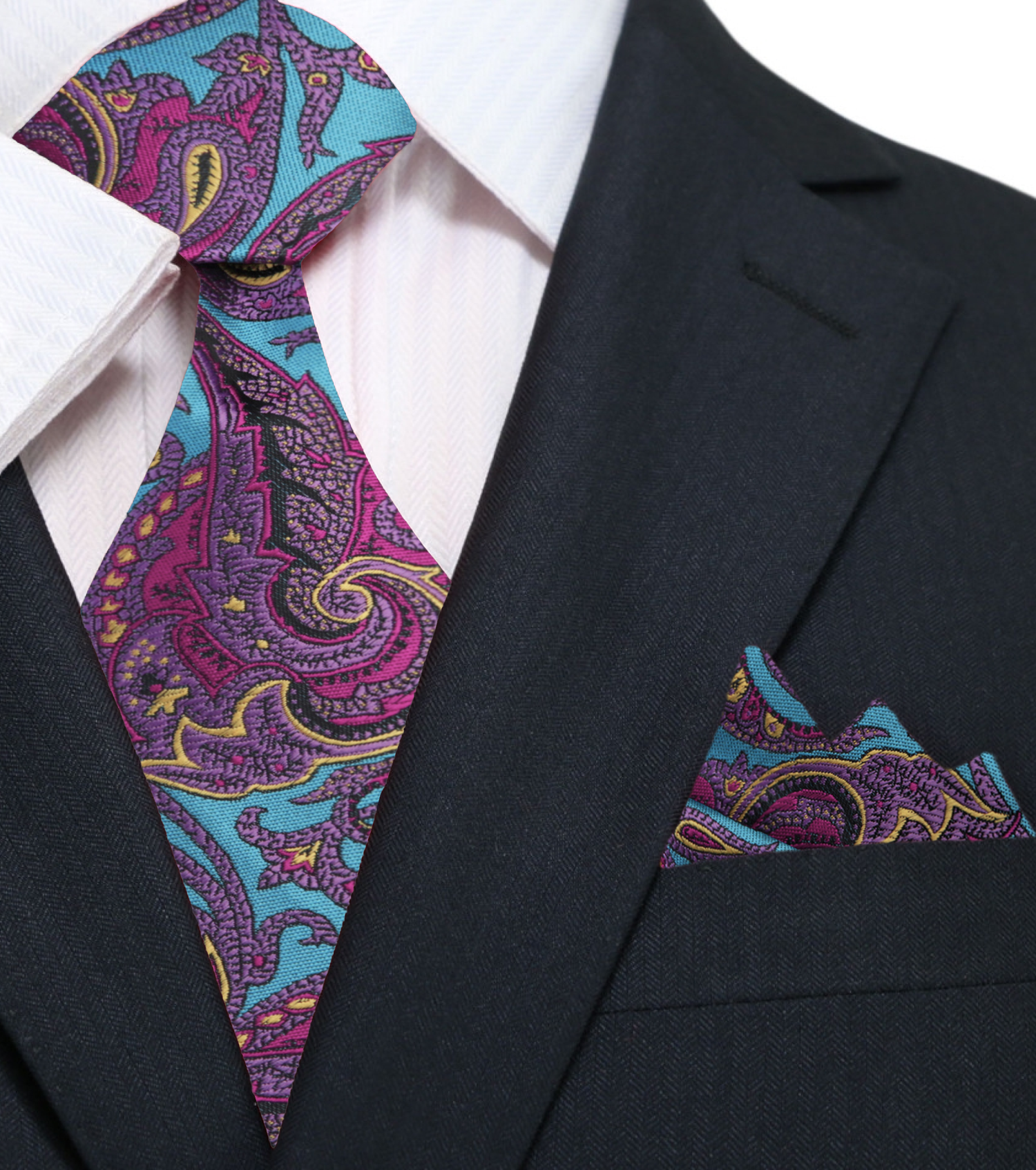 A Teal, Purple Intricate Paisley Pattern Necktie, Matching Pocket Square