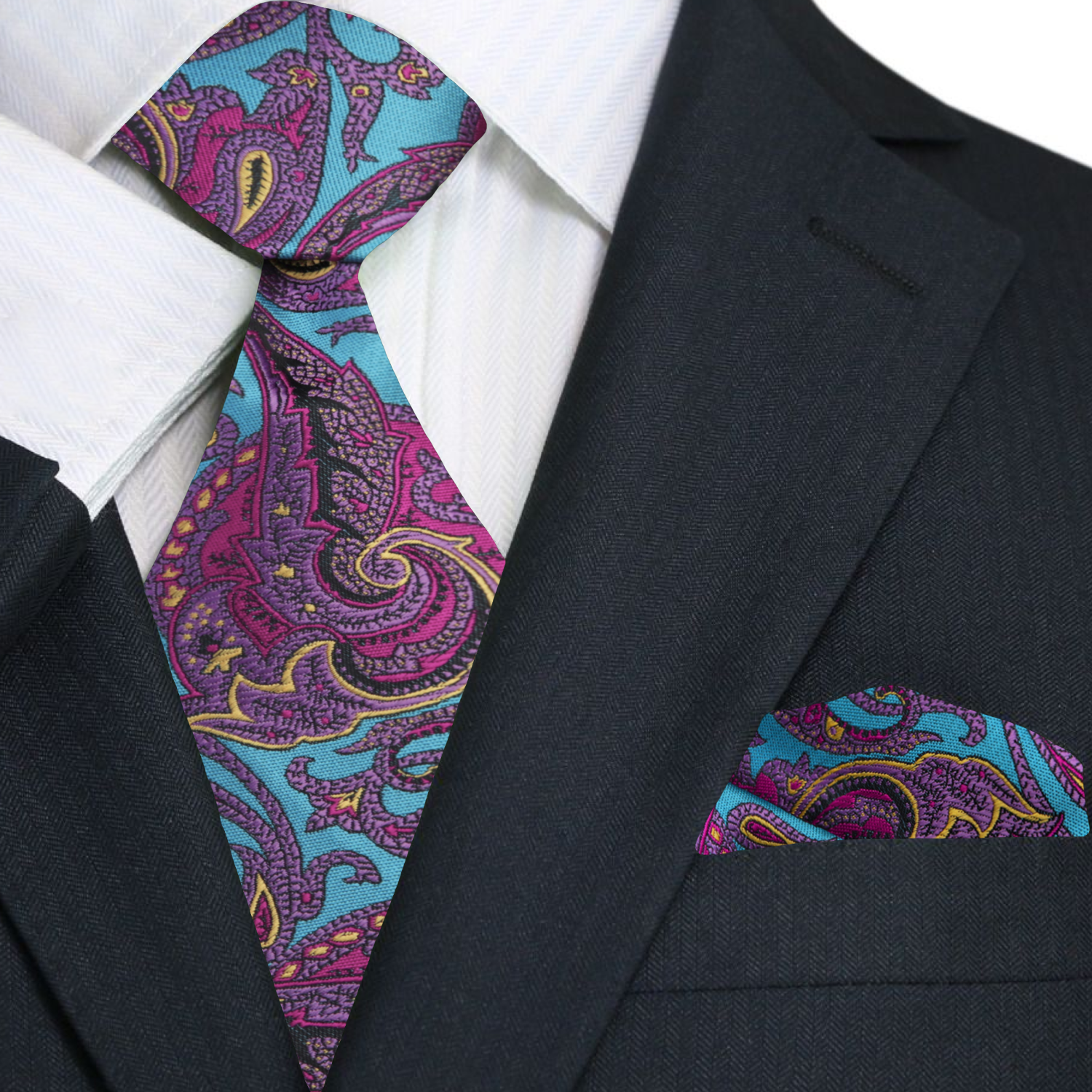 A Teal, Purple Intricate Paisley Pattern Necktie, Matching Pocket Square