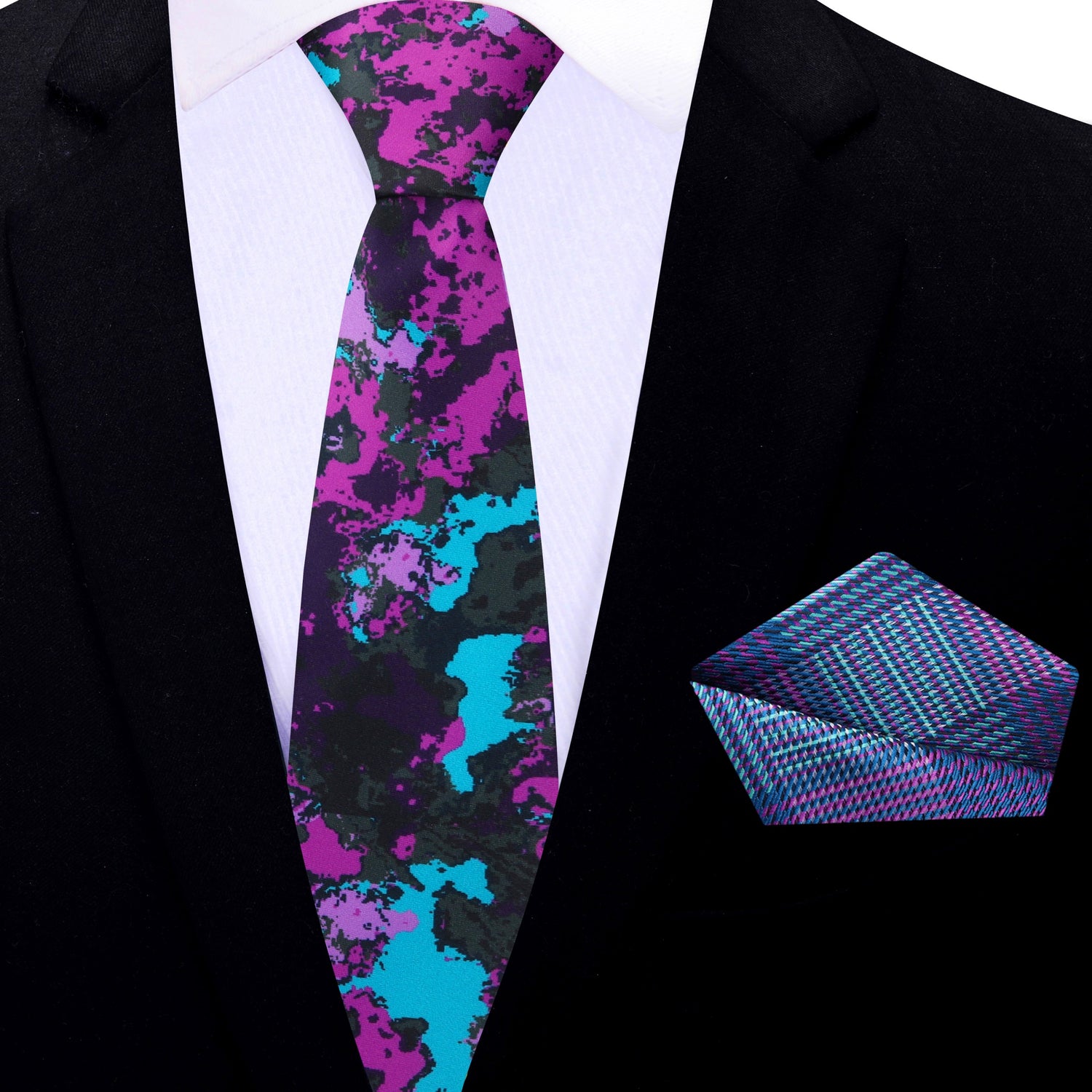 Thin Tie: Light Blue, Purple Ink Blot Necktie and Light Blue, Blue Pocket Square