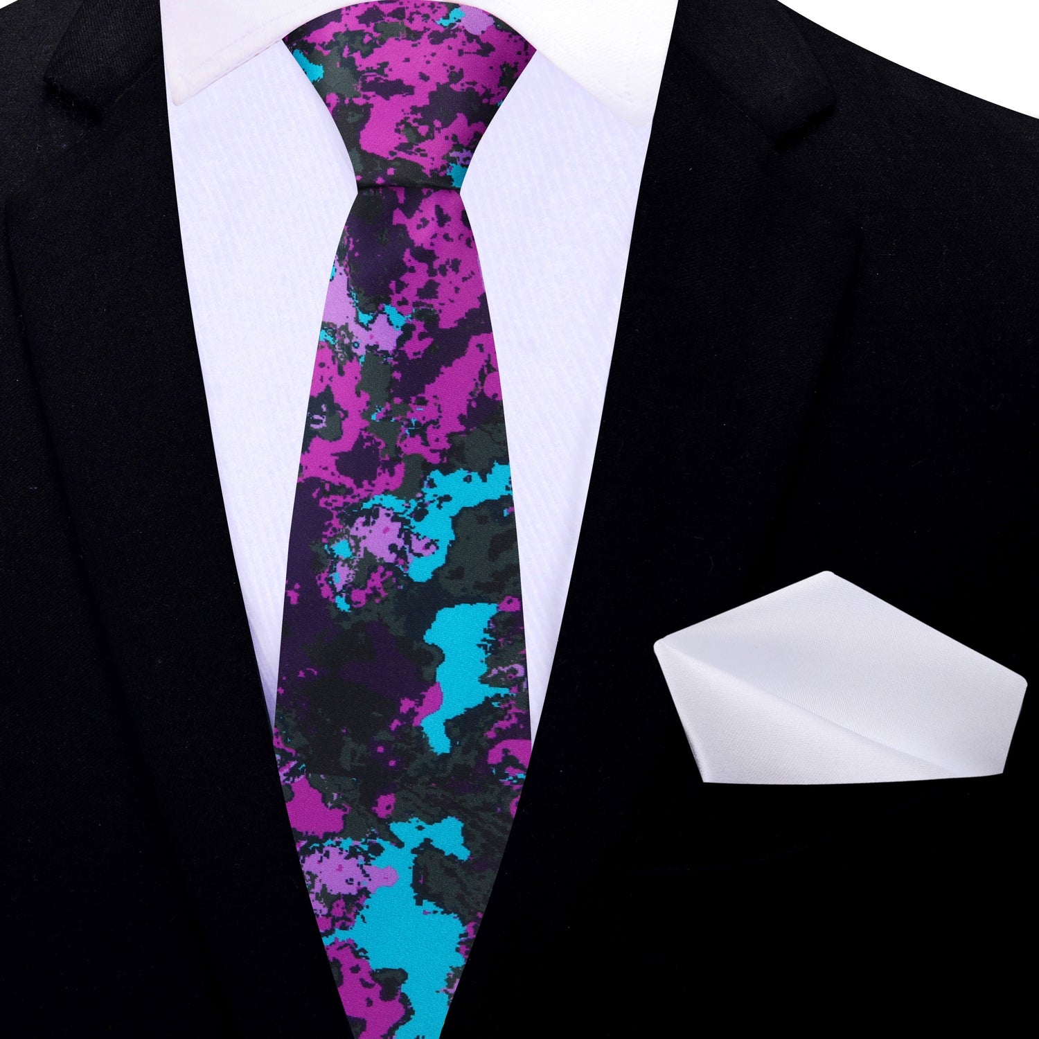 Thin Tie: Light Blue, Purple Ink Blot Necktie and White Pocket Square