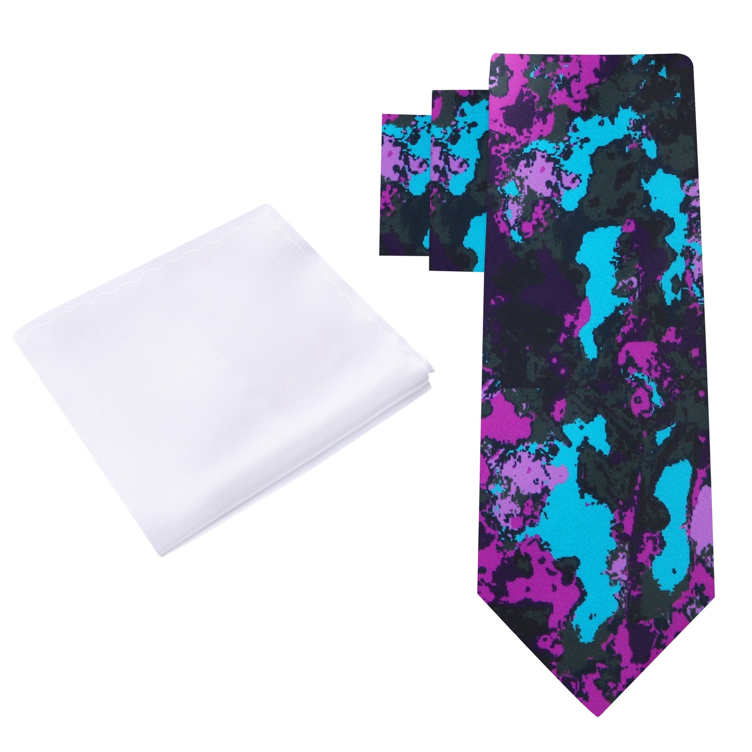 Alt View: Light Blue, Purple Ink Blot Necktie and White Pocket Square