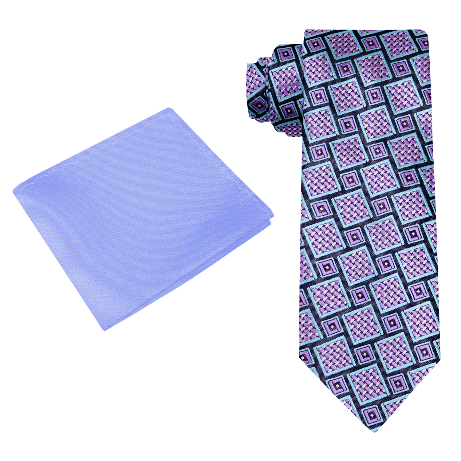 Alt View: A Grey, Teal, Purple Abstract Shapes Pattern Silk Necktie, Pastel Purple Pocket Square
