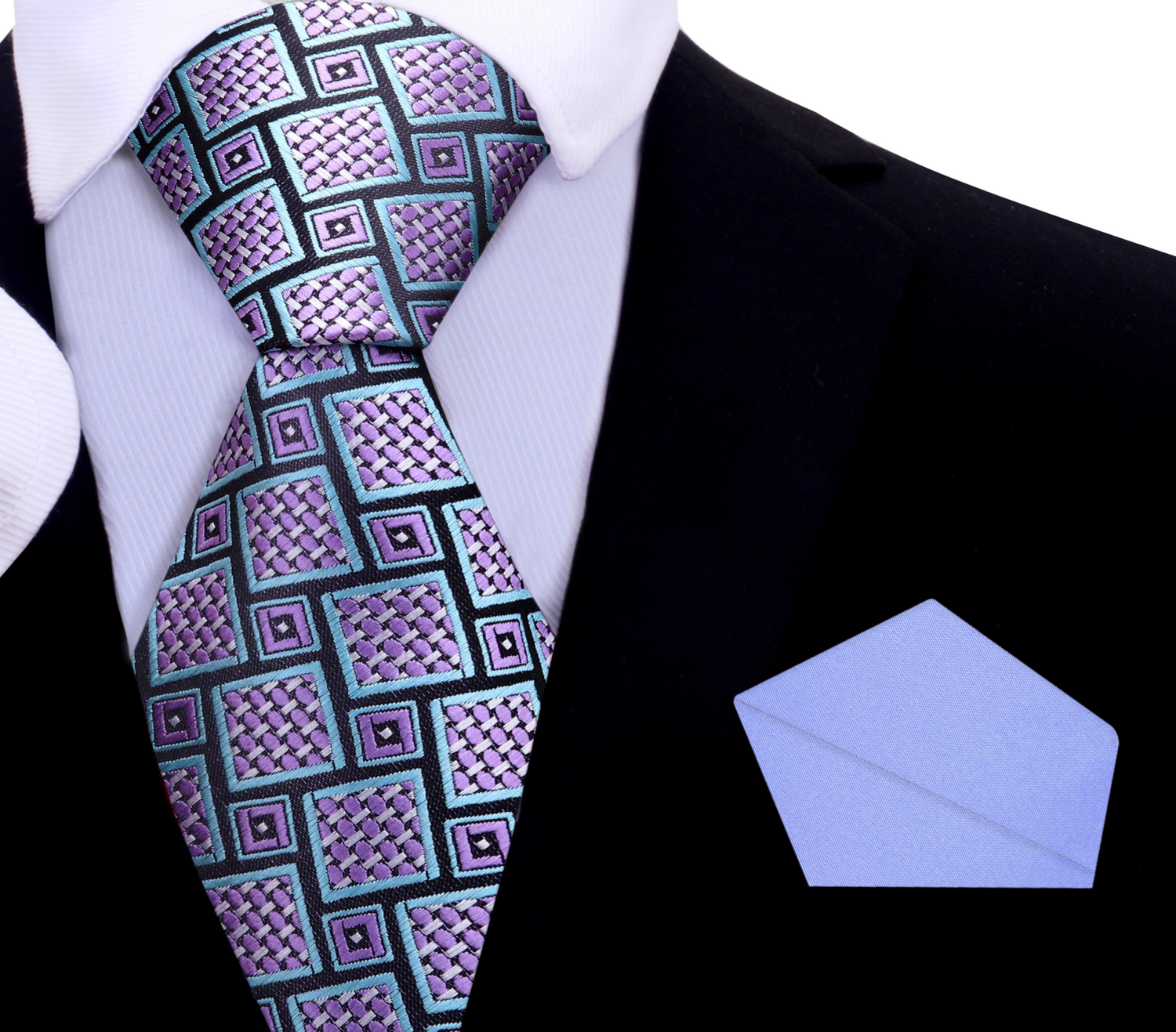 Main View: A Grey, Teal, Purple Abstract Shapes Pattern Silk Necktie, Pastel Purple Pocket Square