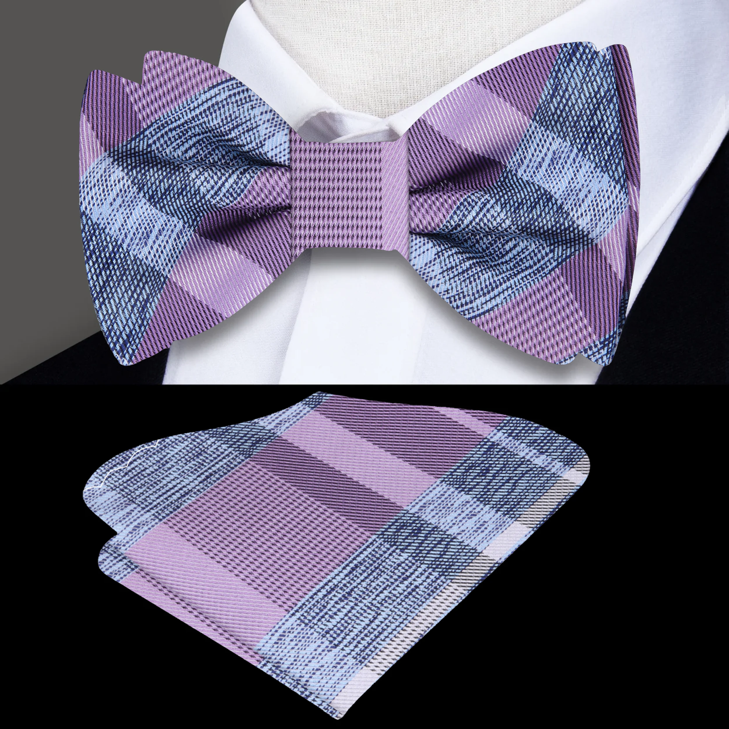 Purple, Blue Plaid Bow Tie and Pocket Square||Purple