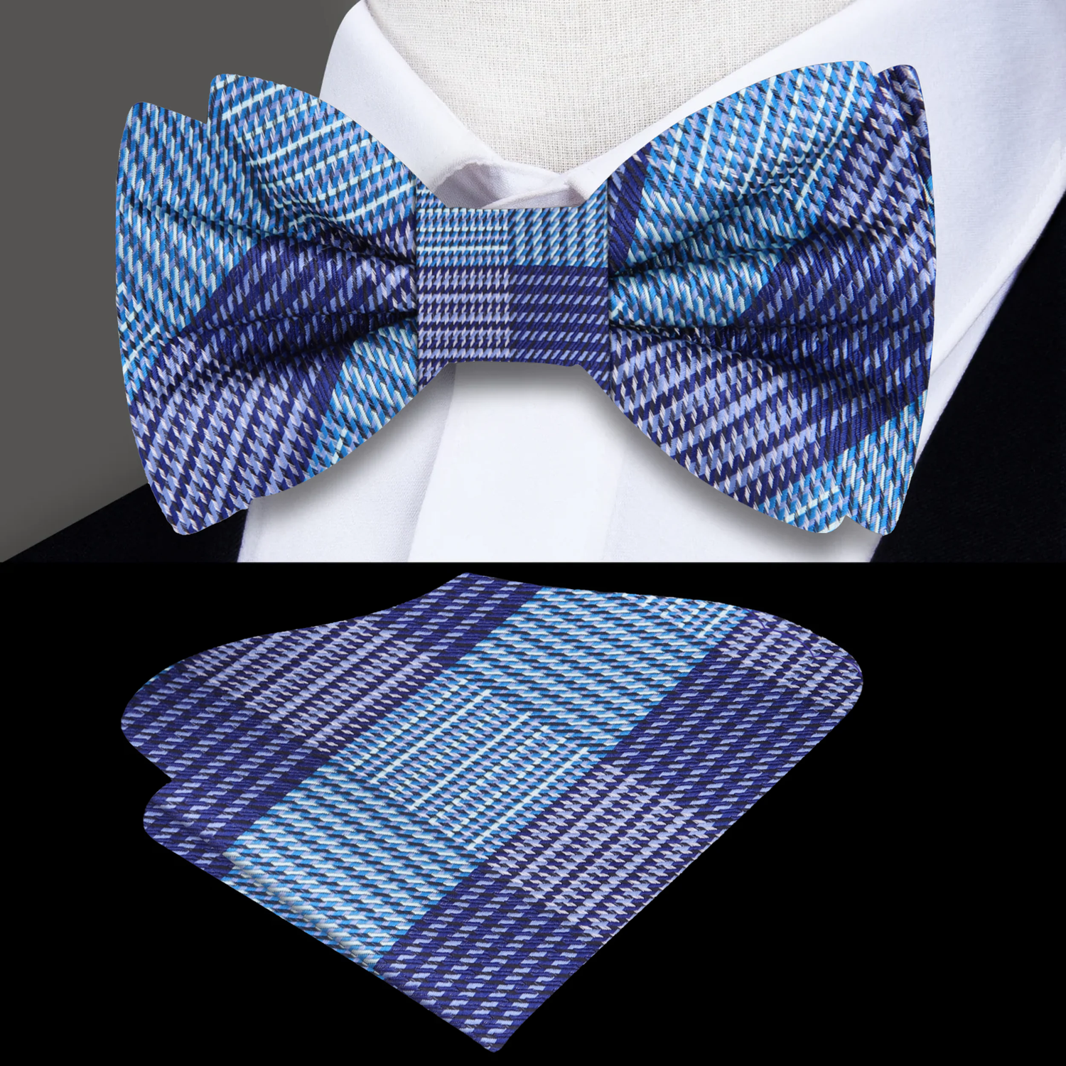 Light Blue Purple Oxford Plaid Bow Tie and Square