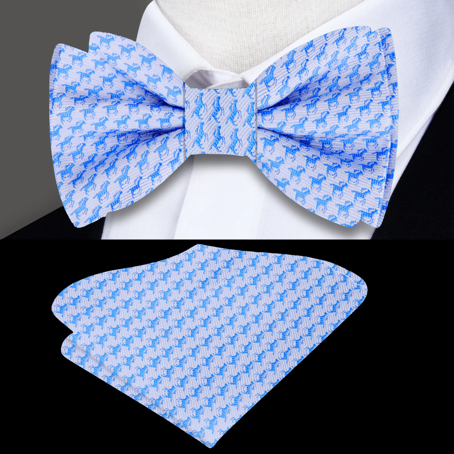 Main: Light Blue Racehorses Bow Tie and Pocket Square