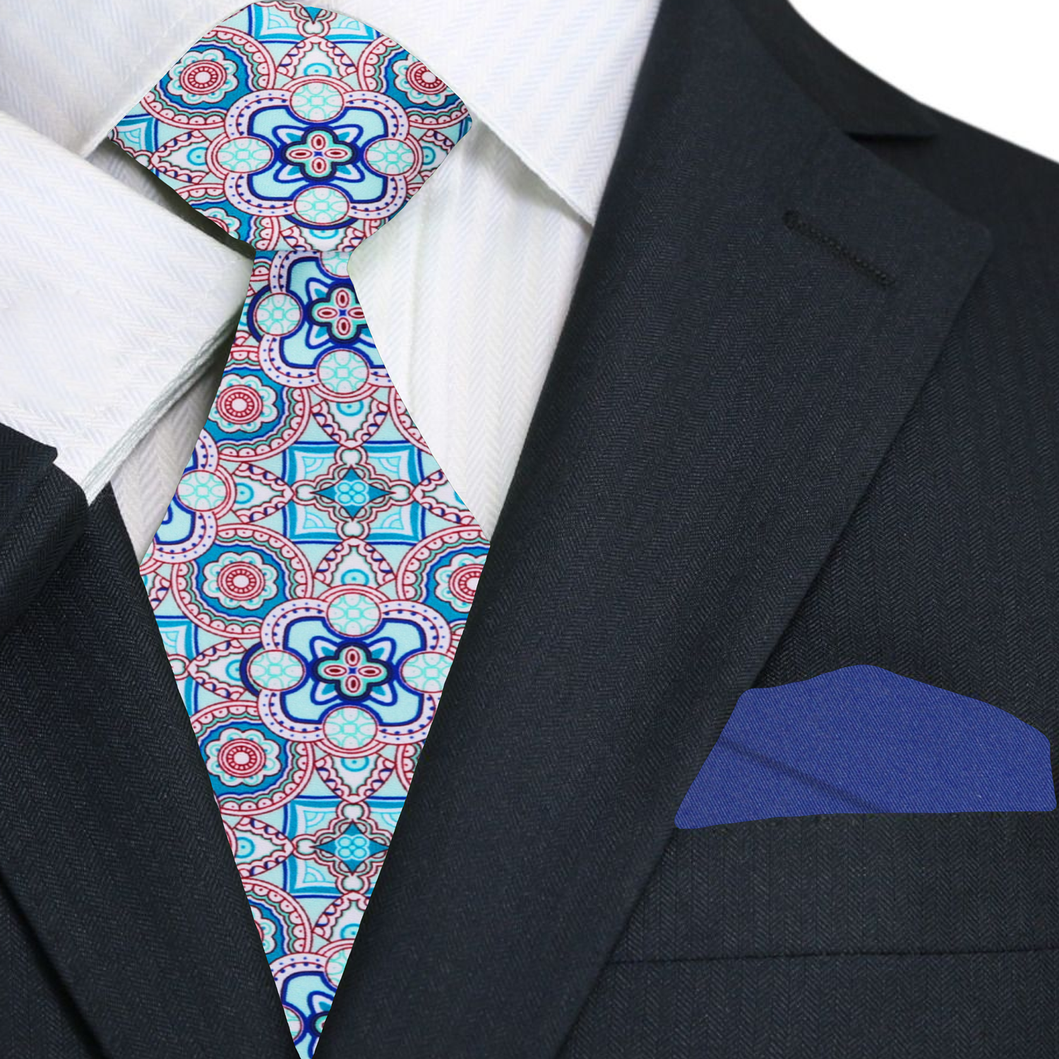 Premium White, Light Blue, Blue Mosaic Necktie and Blue Square