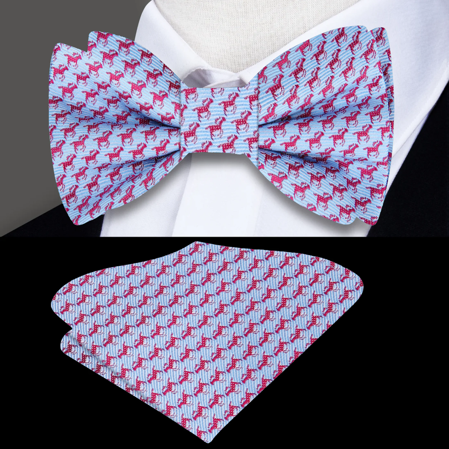 Main: Light Blue and Red Race Horses Bow Tie and Pocket Square