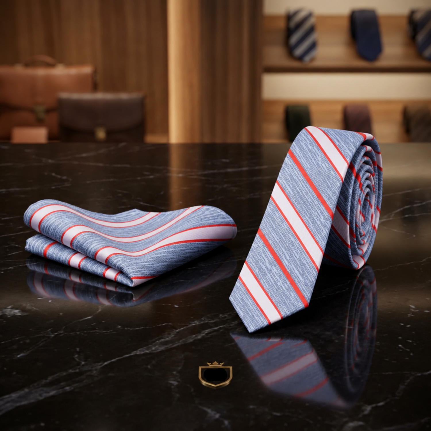 Thin Tie View: Blue, Red Stripe Tie and Pocket Square