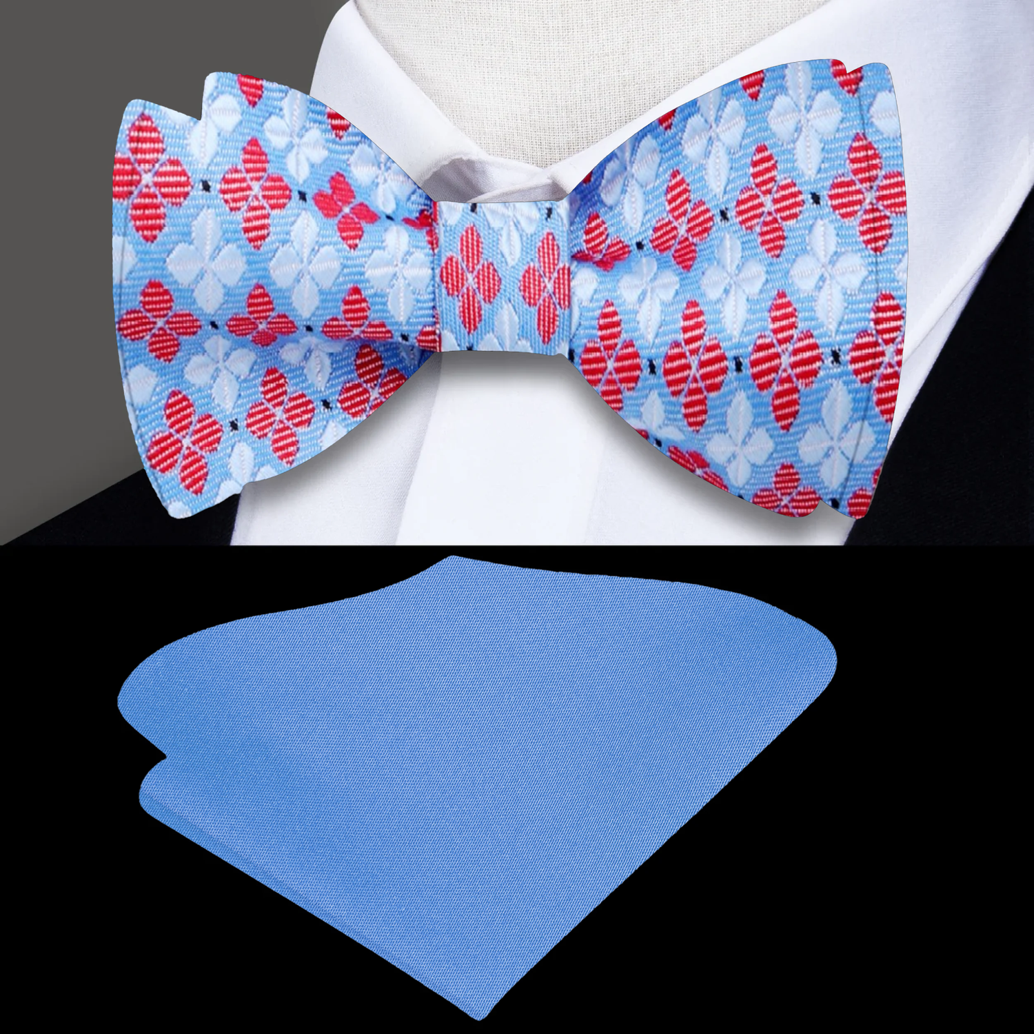 Light Blue, Red, White Clover Bow Tie and Blue Square