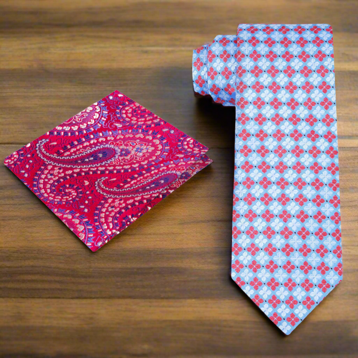 Alt View:  Light Blue, Light Red Geometric Clover Pattern Silk Necktie, Accenting Pocket Square