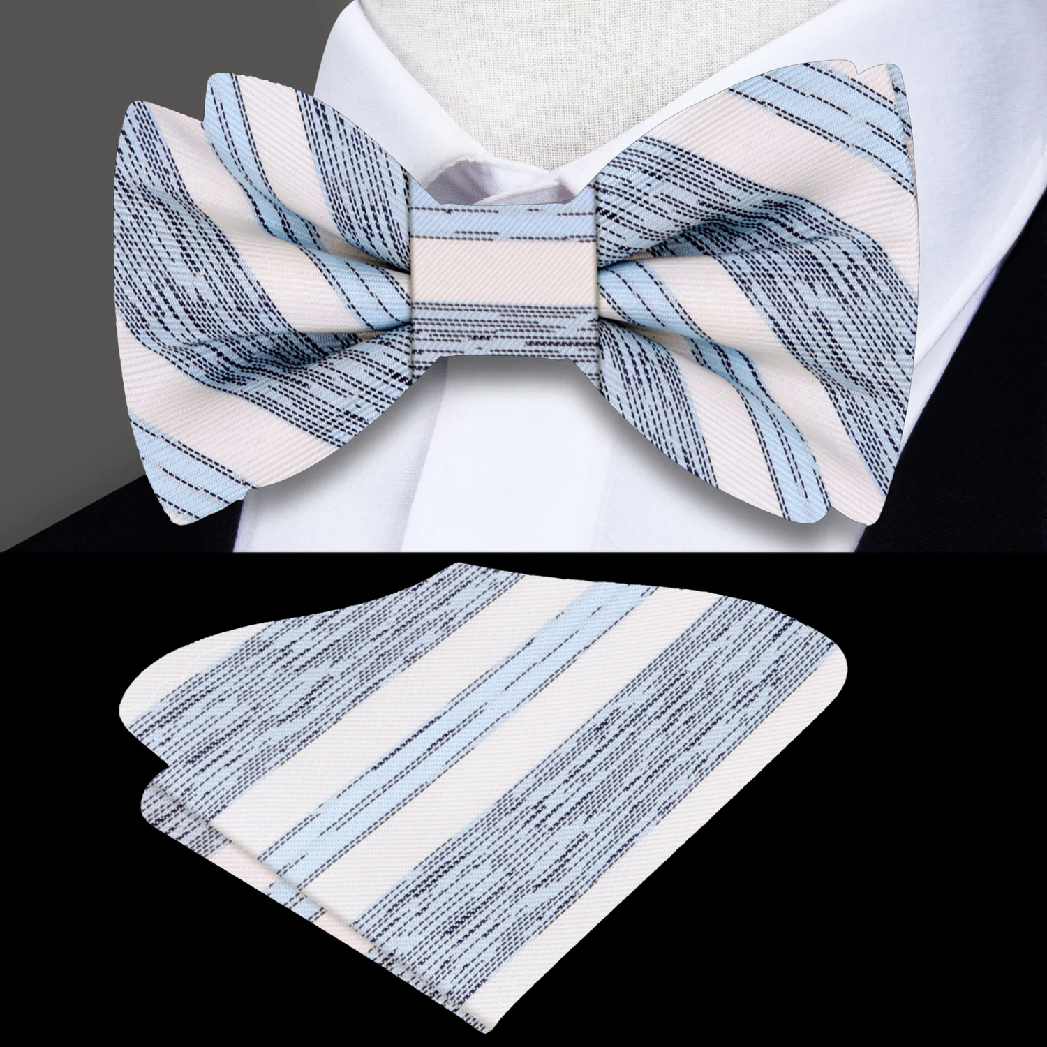 Light Blue, Off-White Stripe Bow Tie and Square