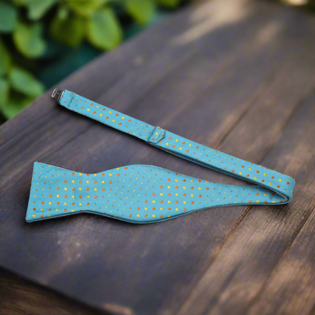 United A Light Blue, Yellow, Orange Polka Pattern Silk Self Tie Bow Tie