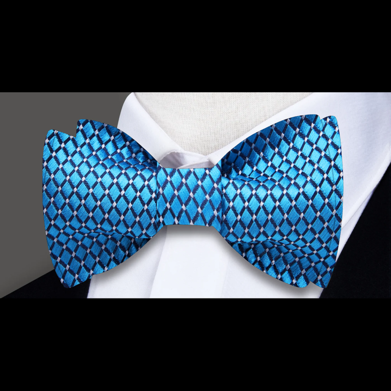 A Light Blue, White Small Geometric Diamond With Small Dots Pattern Silk Pre Tied Bow Tie