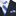 Black suit with a blue and white striped tie and pocket square.