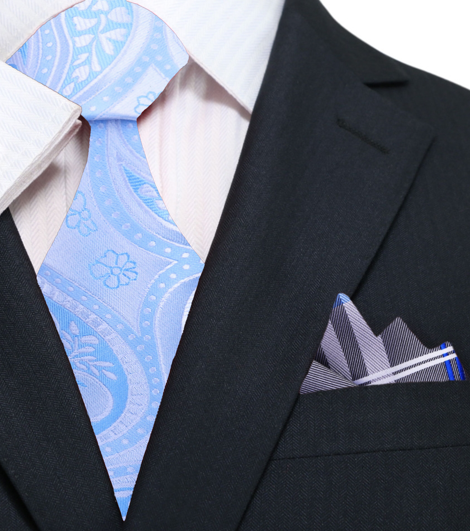 Light Blue Paisley Necktie and Accenting Grey, Blue Plaid Square