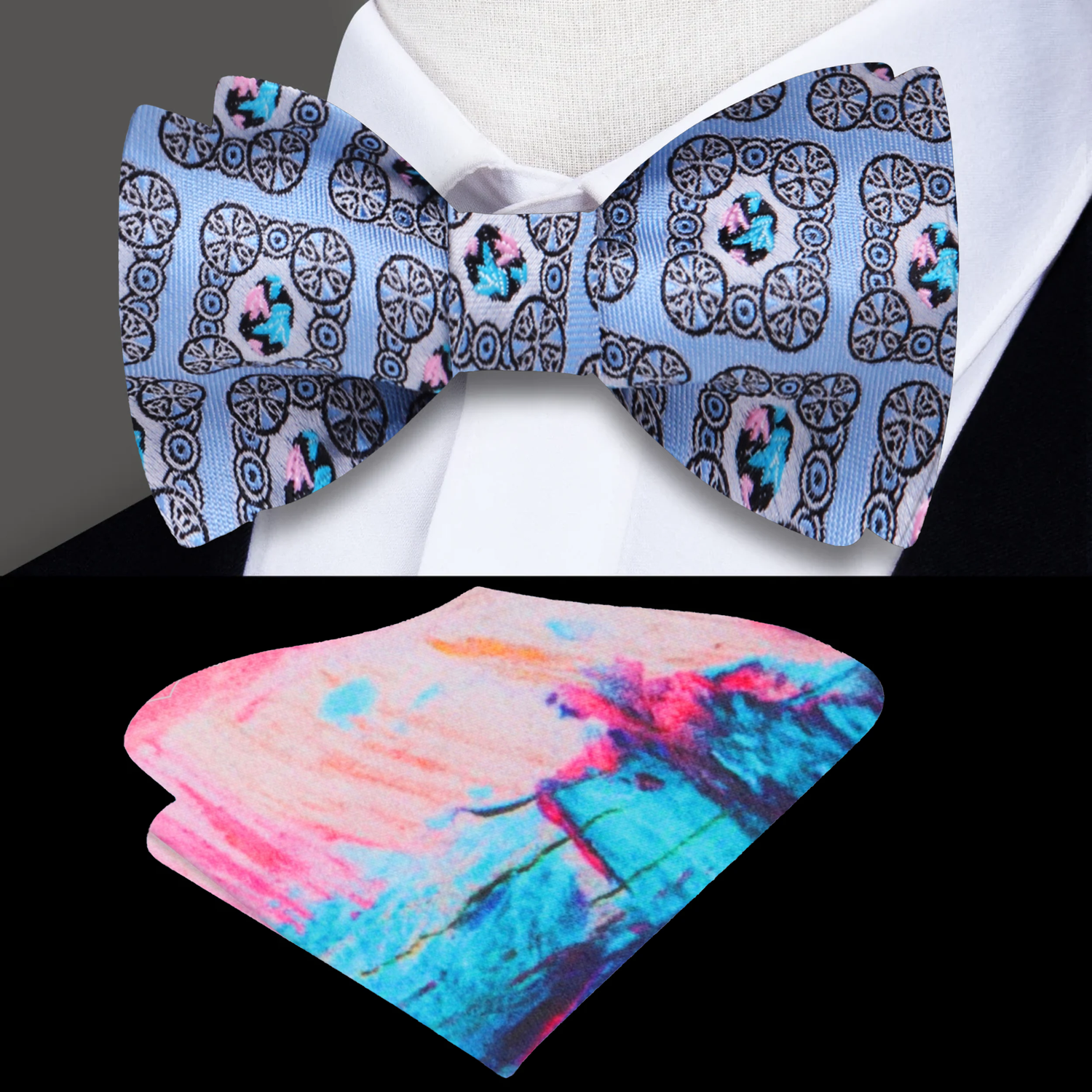 A Blue, Light Pink, Black Geometric Diamond Pattern Silk Self Tie Bow Tie, Accenting Pocket Square