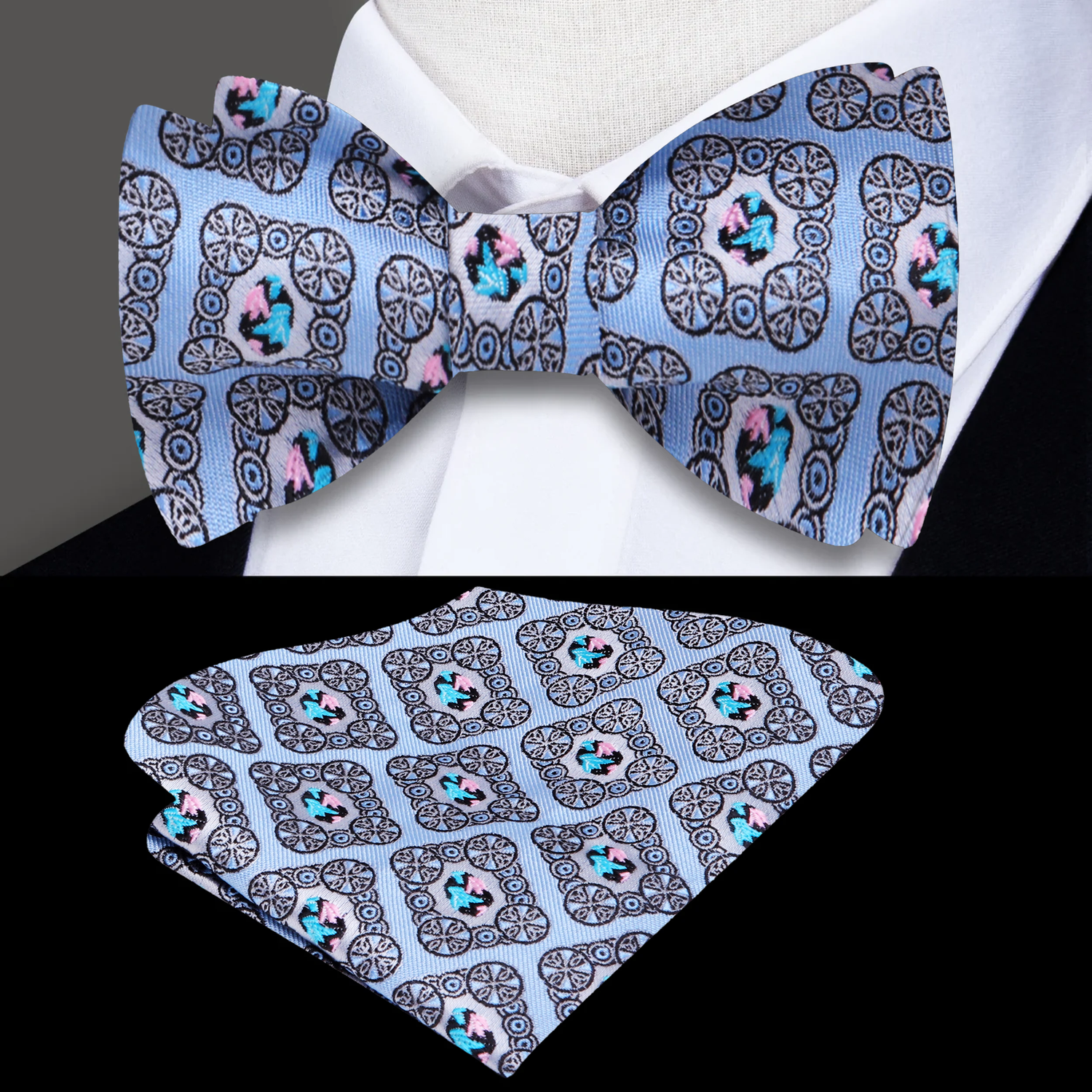 A Blue, Light Pink, Black Geometric Diamond Pattern Silk Self Tie Bow Tie, Pocket Square