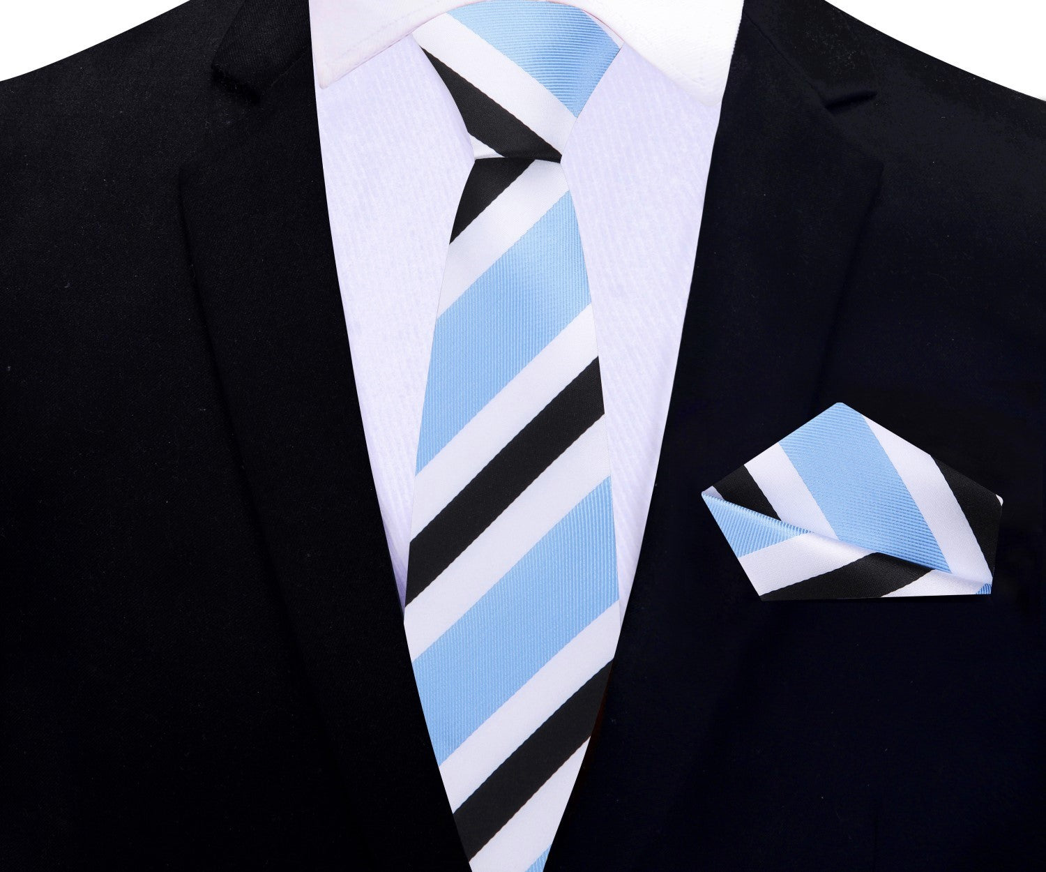 A men's necktie and matching pocket square set in light blue, white, and black, styled on a white dress shirt and black suit jacket.