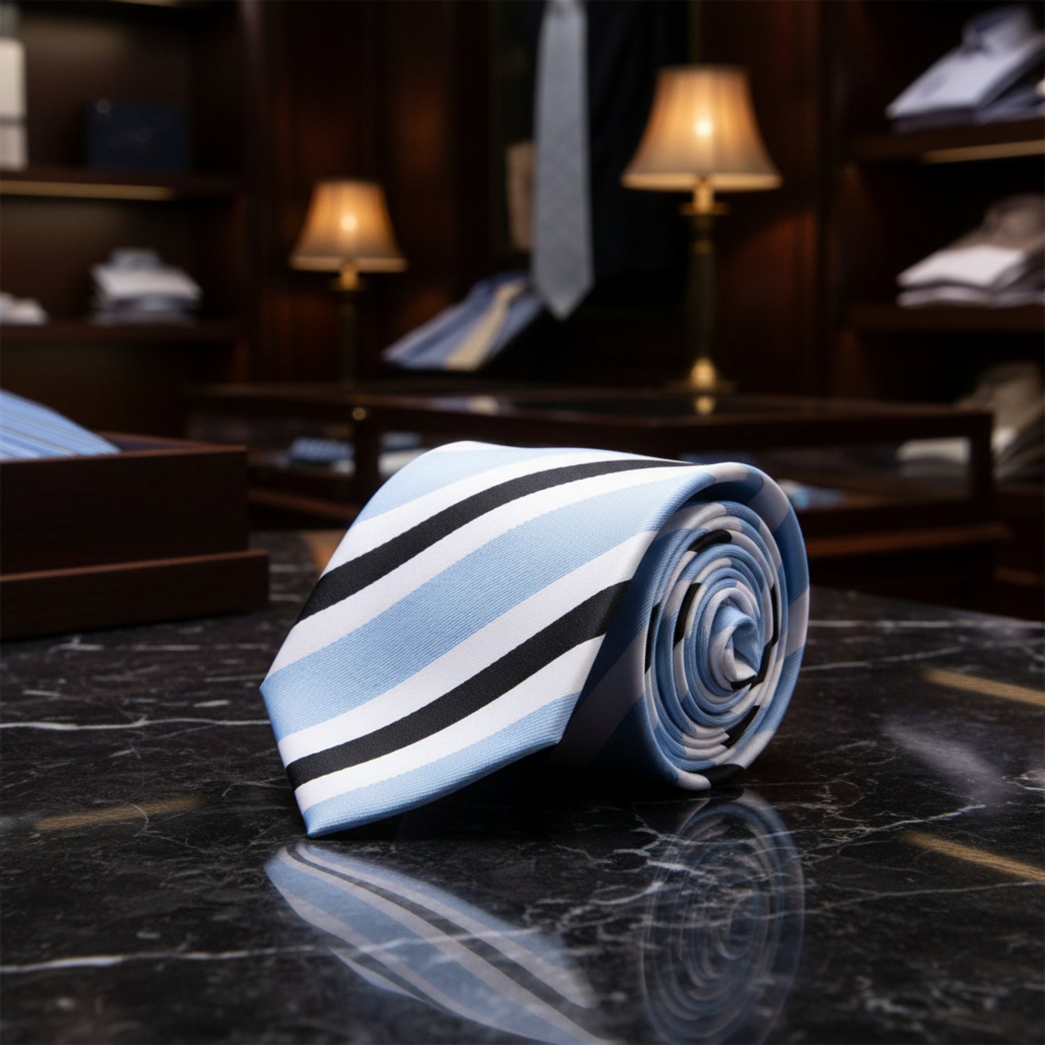 A rolled necktie with vertical stripes in light blue, white, and black, displayed on a clean white  background.