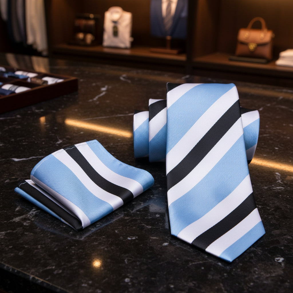 A matching necktie and pocket square set with diagonal stripes in light blue, white, and black, displayed on a clean white background.